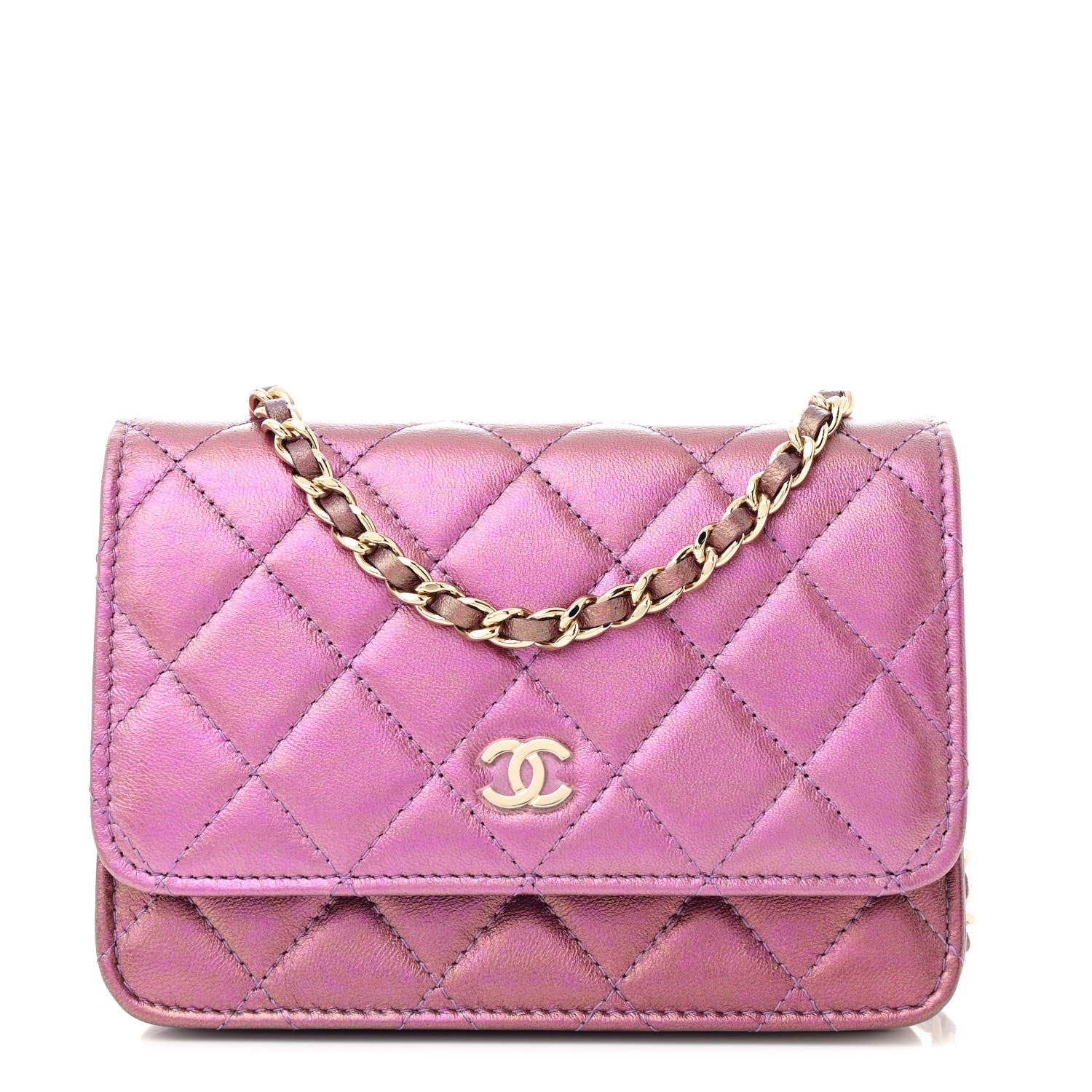 Chanel Iridescent Lambskin Quilted Mini Wallet On Chain WOC Purple