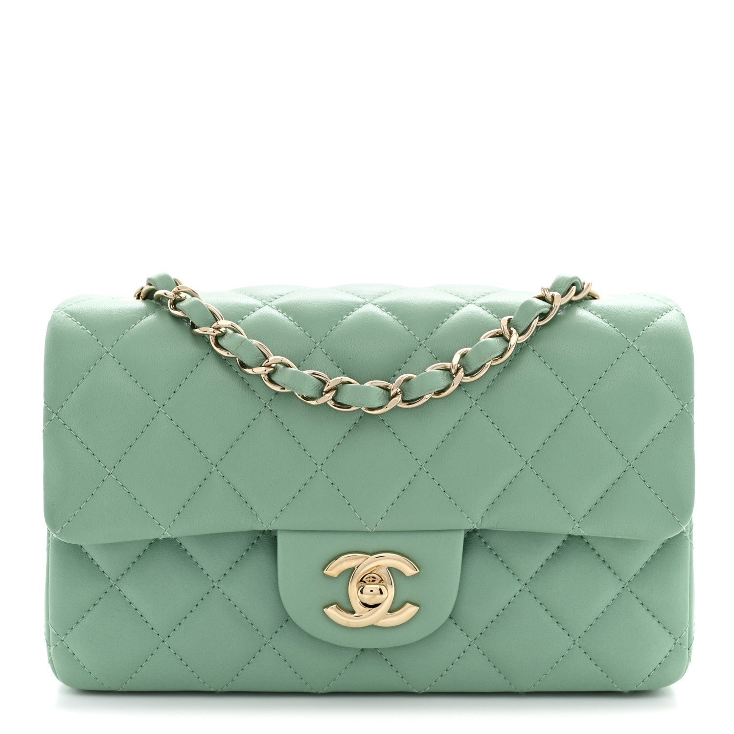 Chanel Lambskin Quilted Mini Rectangular Flap Light Green