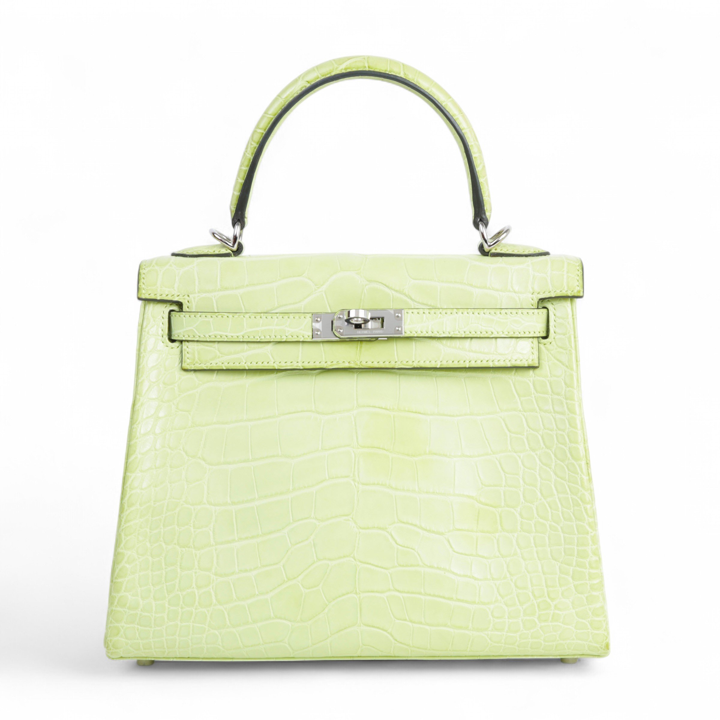 Hermes Very Good ( Rank A) HERMÈS Kelly 25 Jaune Bourgeon (R9) Matte Alligator Palladium hardware Z (2021)