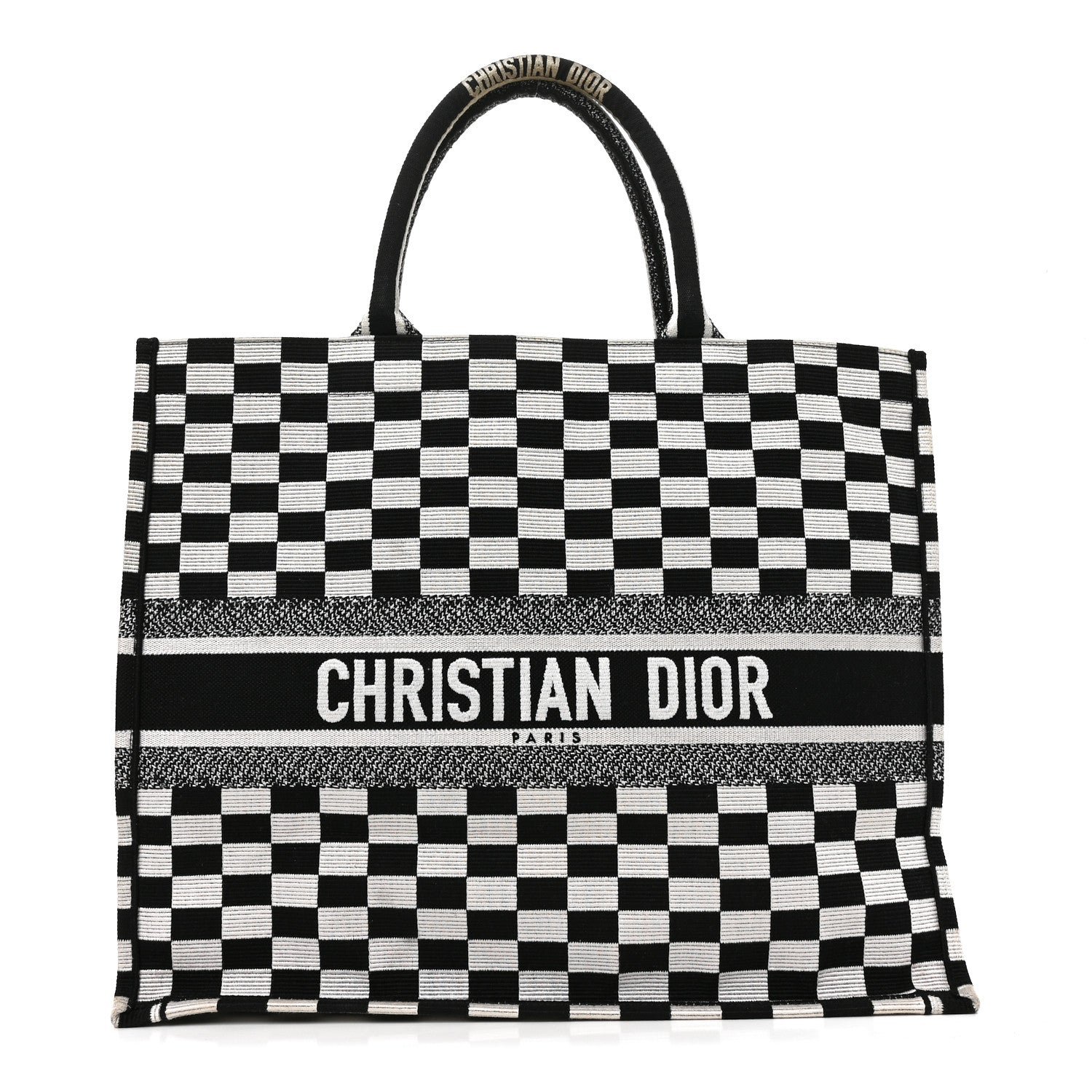 Christian Dior Canvas Embroidered Checkered Book Tote Black White