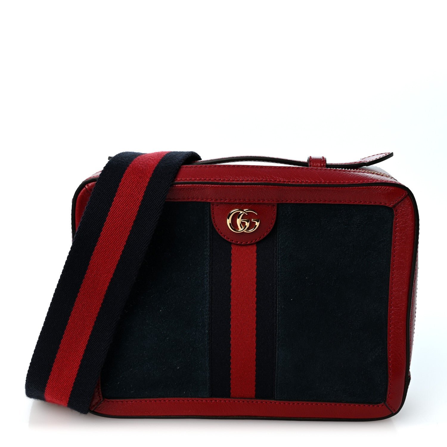 Gucci Suede Calfskin Web Small Ophidia Top Handle Shoulder Bag New Blue Romantic Cherry