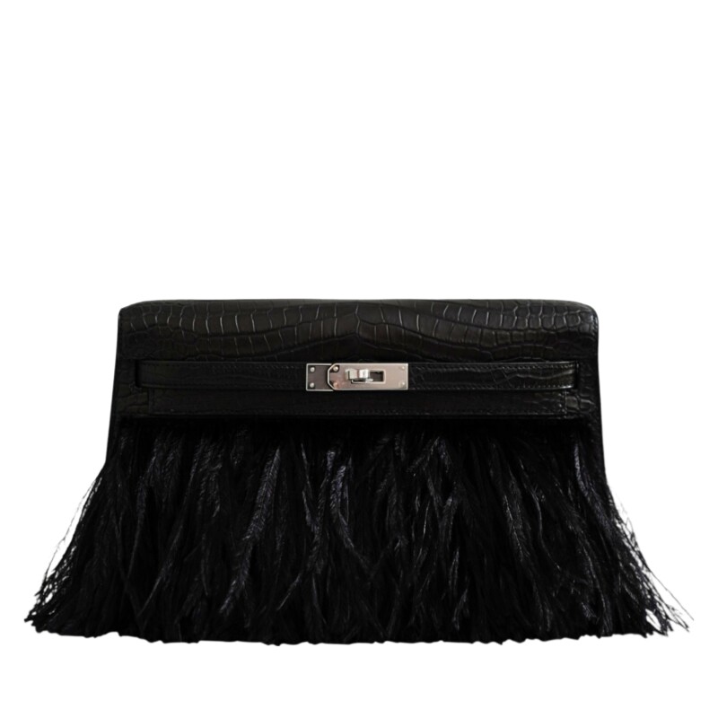Hermes Black Matte Porosus Crocodile and Ostrich Feather Kelly Elan Folie Palladium Hardware, 2025