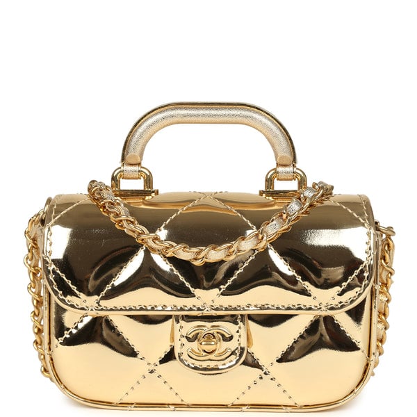 Chanel Chanel Micro Top Handle Flap Bag with Chain Light Gold Mirror Calfskin Gold Hardware
