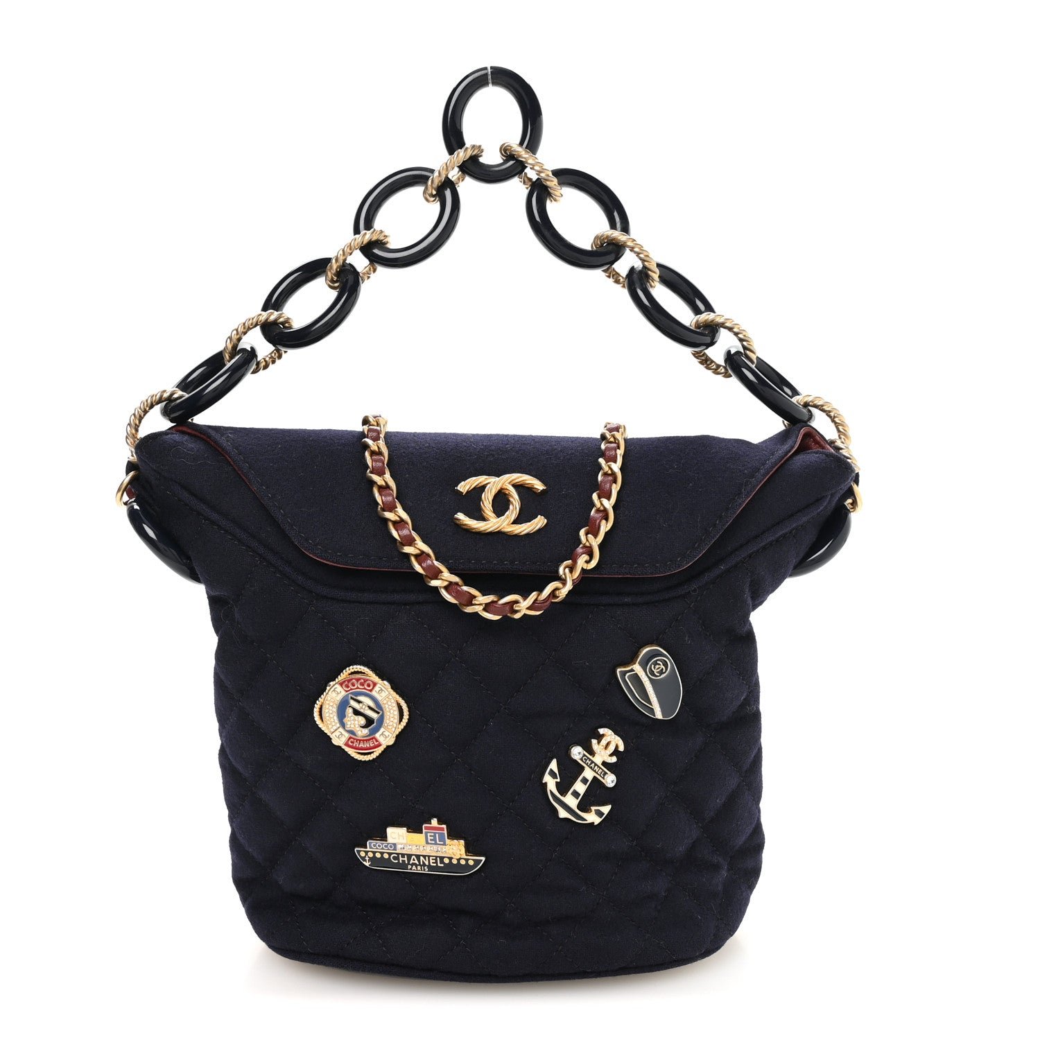 Chanel Wool Lambskin Quilted Paris Hamburg Charms Bucket Bag Dark Navy