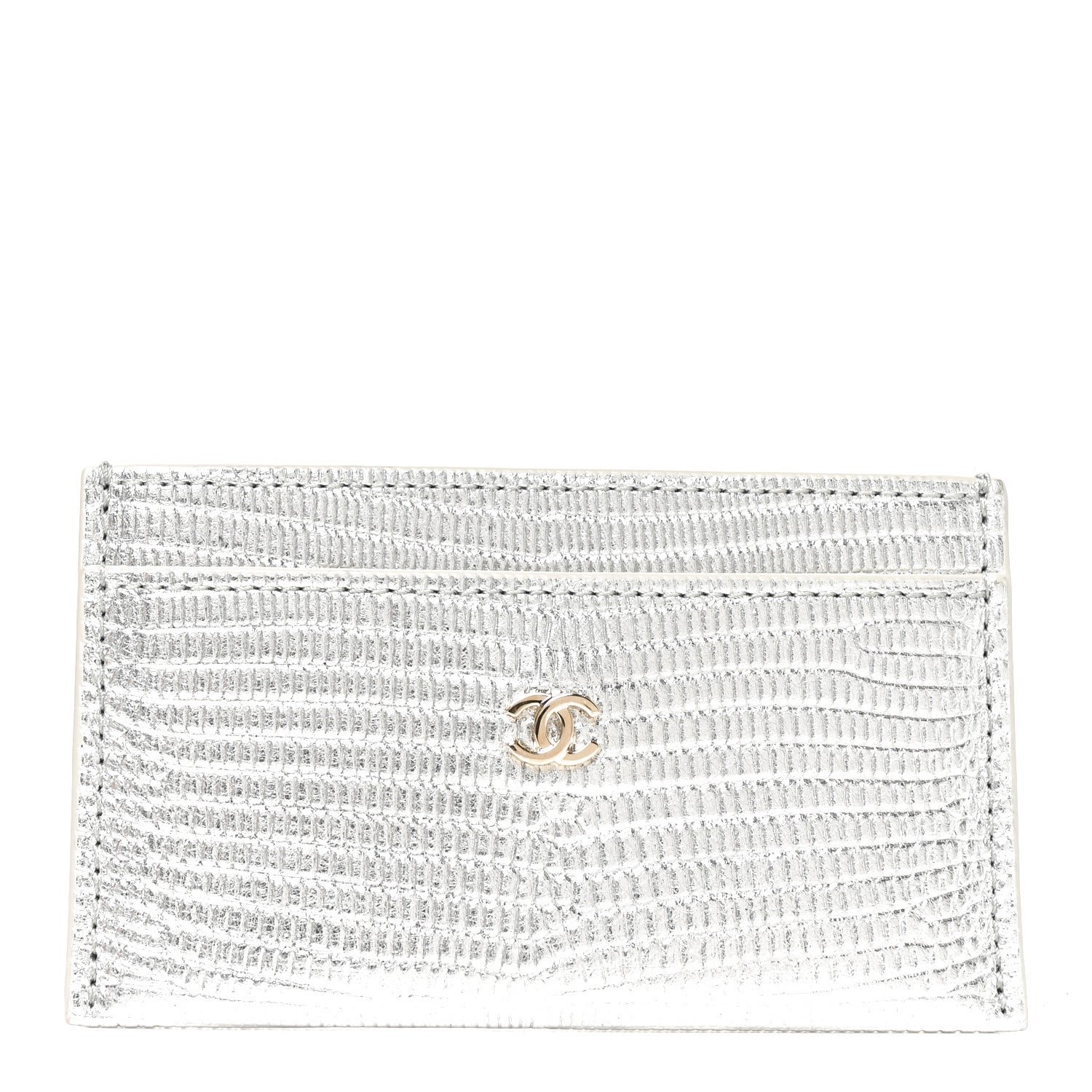 Chanel Metallic Calfskin Lizard Embossed Card Holder Silver