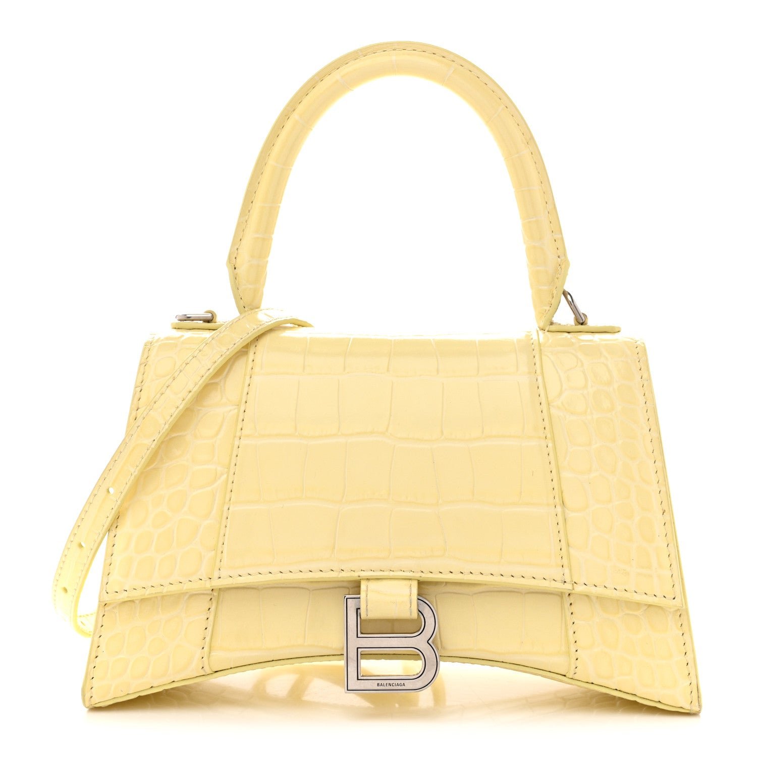 Balenciaga Calfskin Crocodile Embossed Small Hourglass Top Handle Bag Pale Yellow