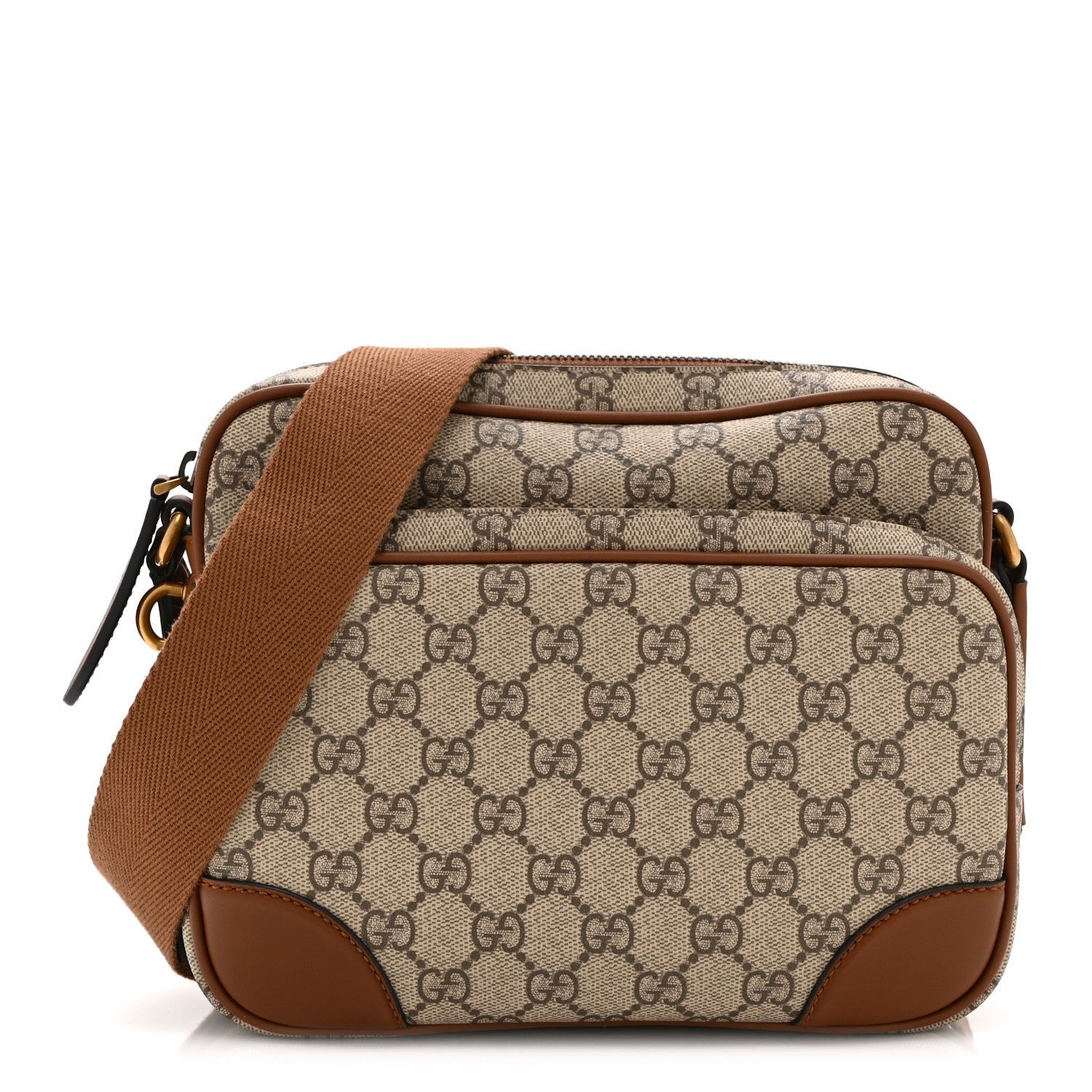 Gucci GG Supreme Monogram Textured Calfskin Emblem Medium Crossbody Beige Dark Brown