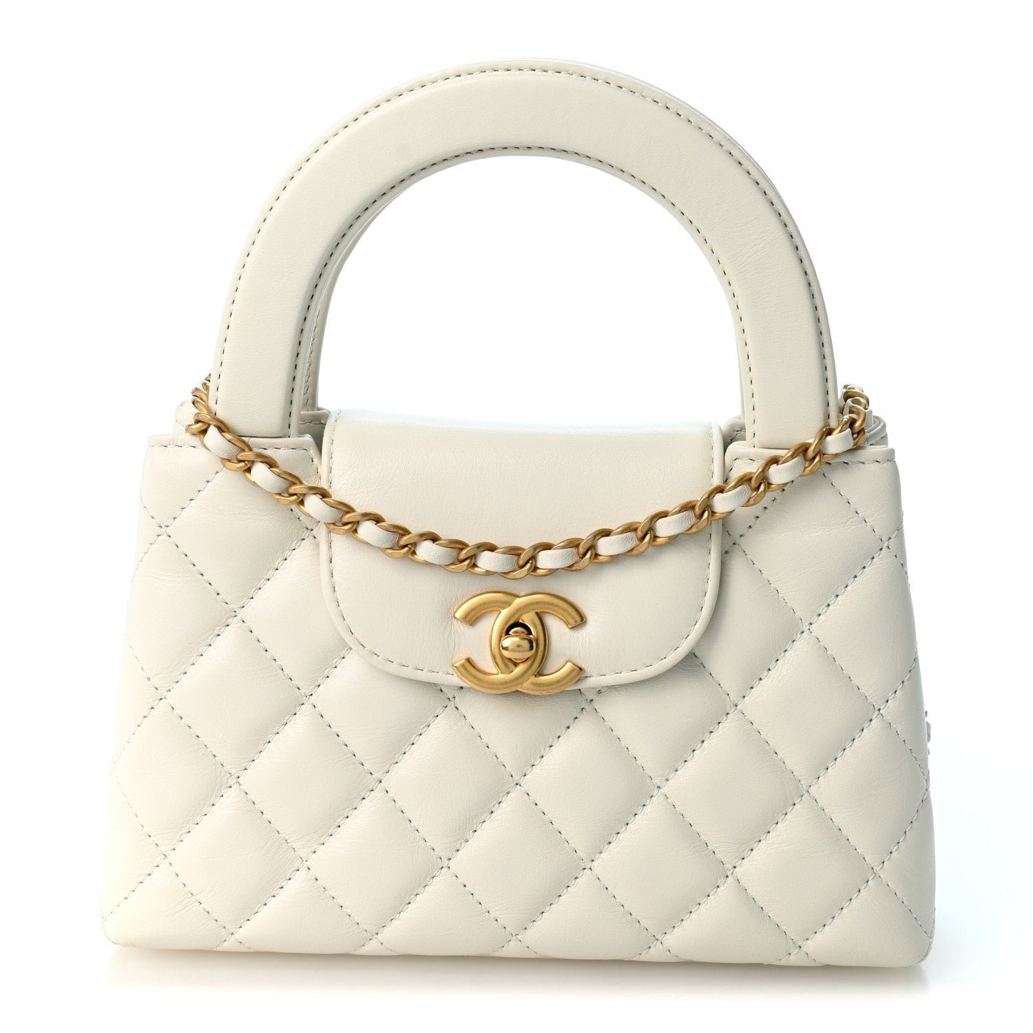 Chanel Shiny Aged Calfskin Quilted Nano Kelly Shopper White