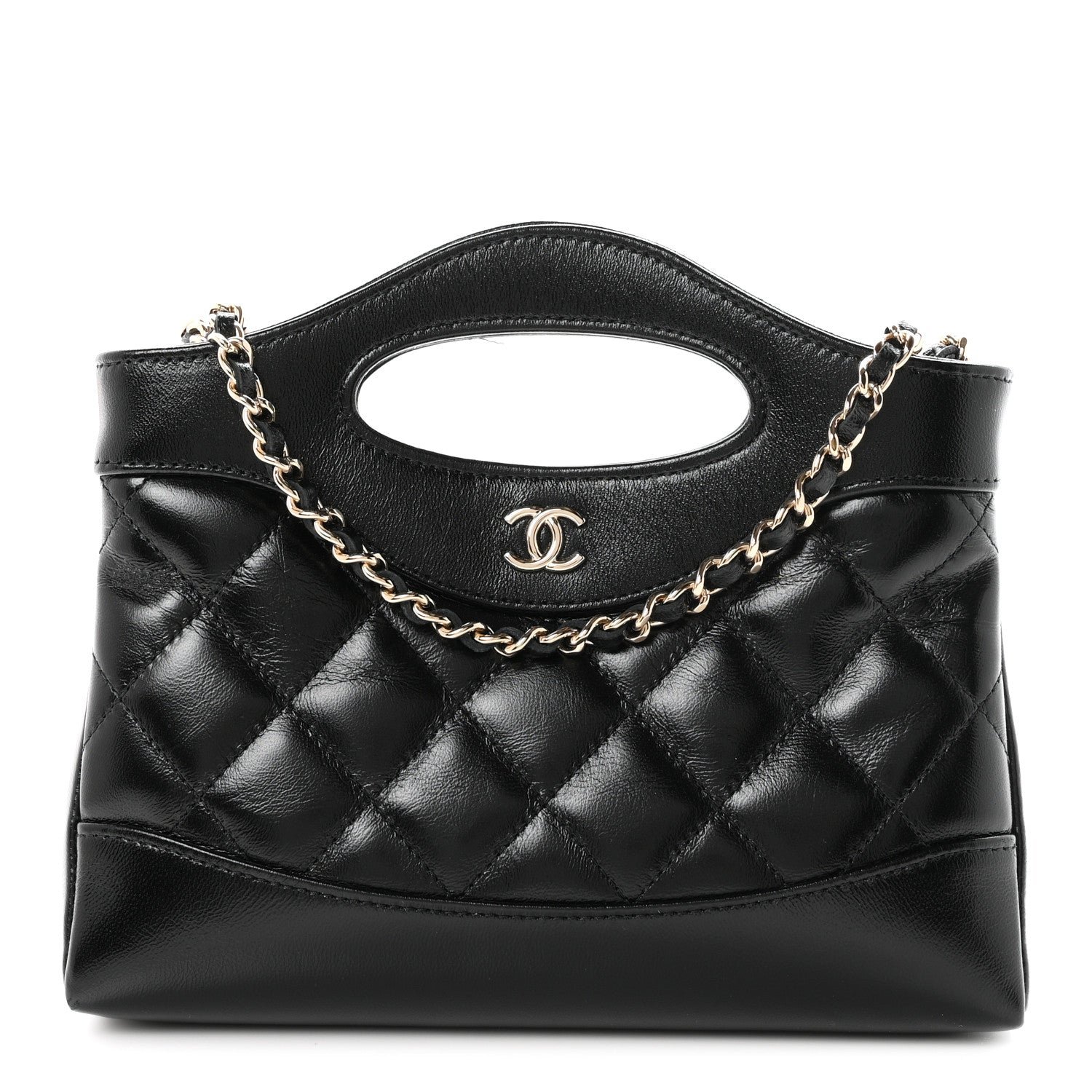 Chanel Shiny Crumpled Calfskin Quilted Nano 31 Shopping Bag Black