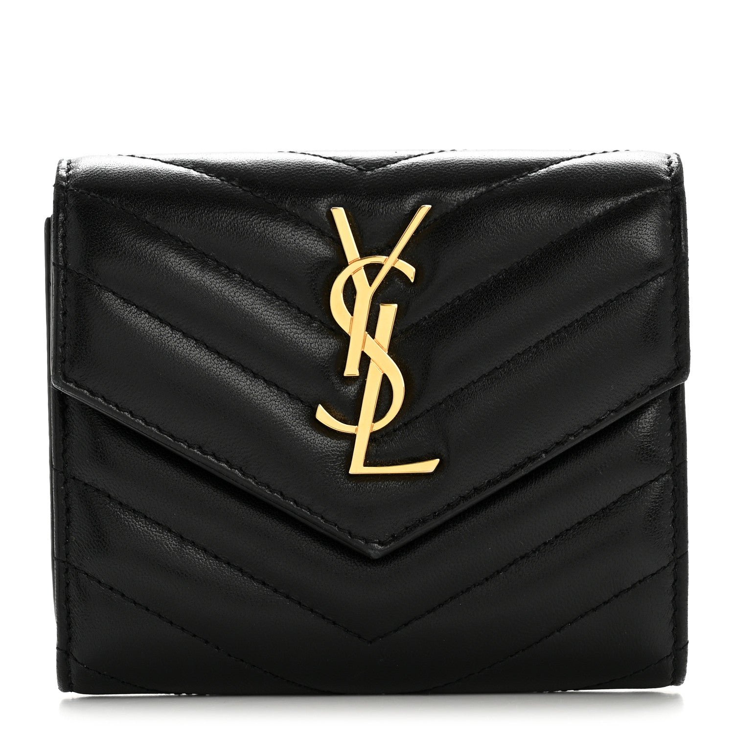 Saint Laurent Lambskin Matelasse Chevron Monogram Compact Tri Fold Wallet Black