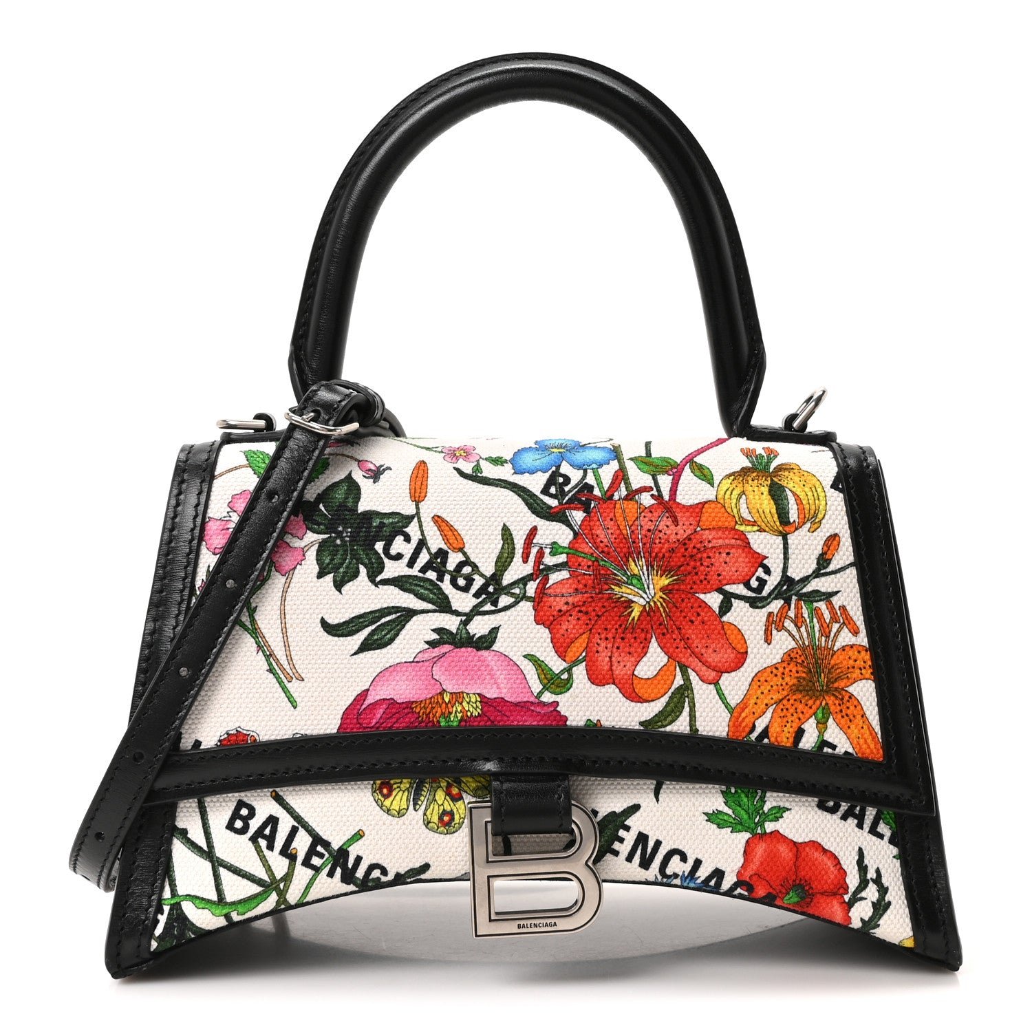 Balenciaga X GUCCI Canvas Boarded Plutone Calfskin Flora Logo Print Small Hourglass Top Handle Bag White Multicolor Black