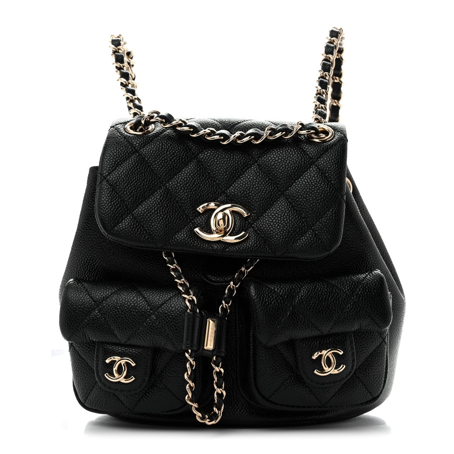 Chanel Shiny Caviar Quilted Small Duma Pockets Drawstring Backpack Black