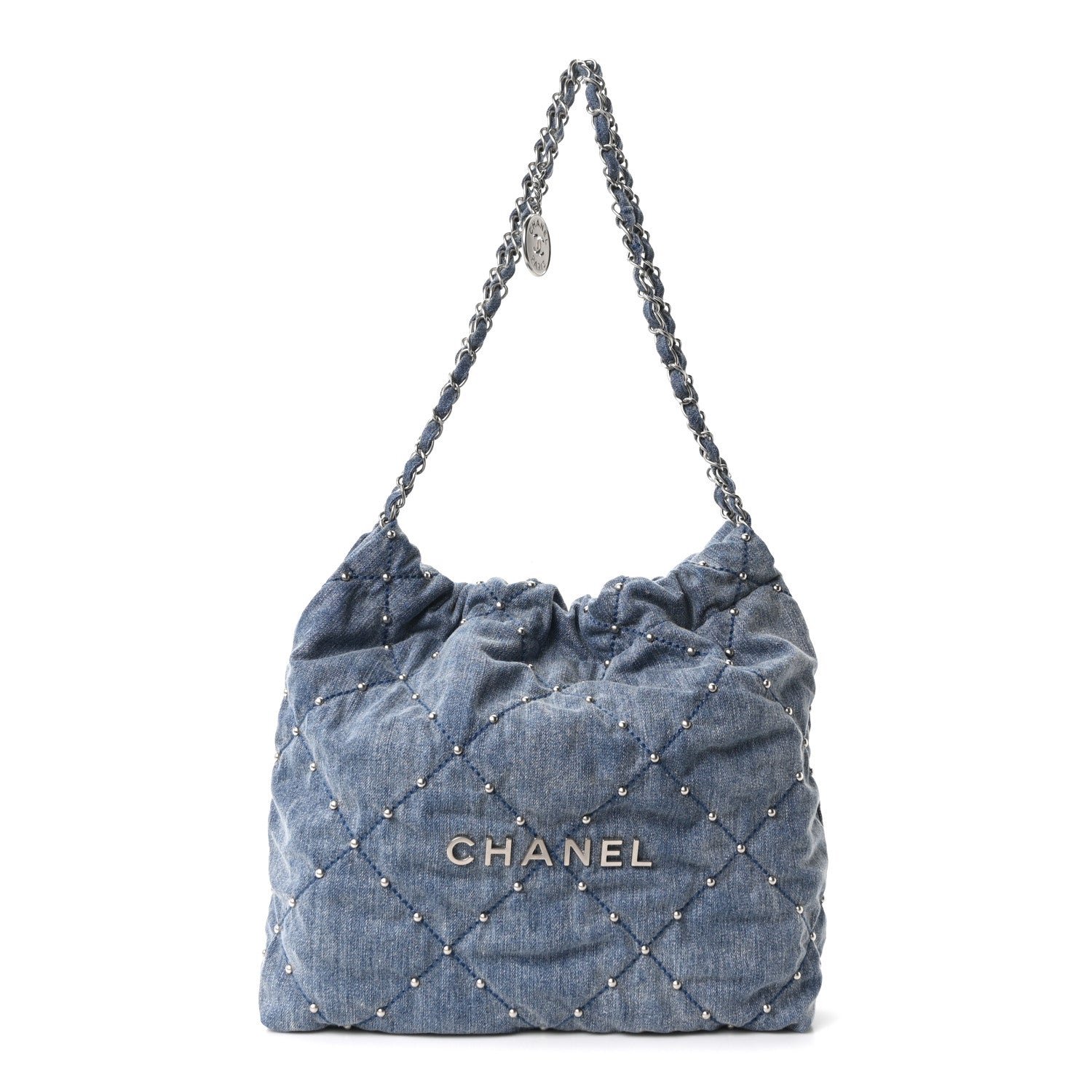 Chanel Washed Denim Quilted Studded Small Chanel 22 Blue