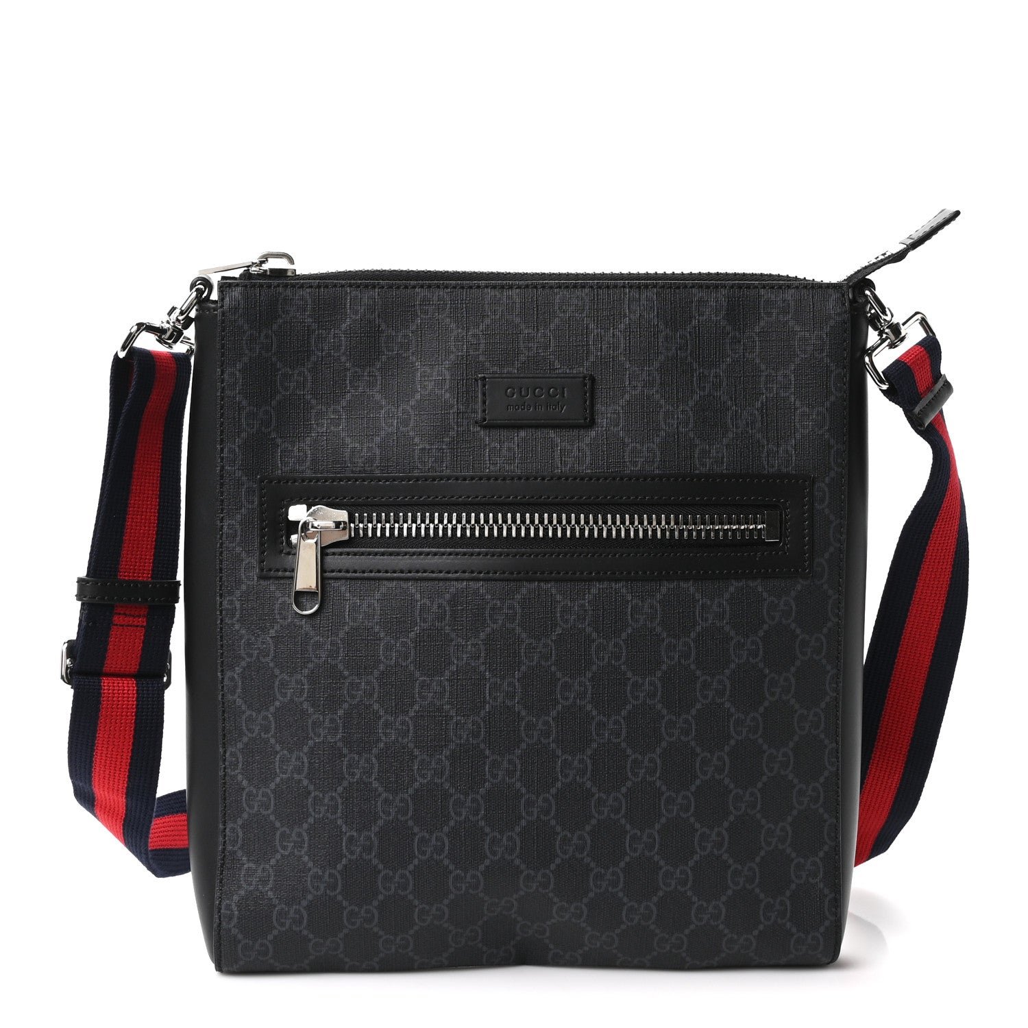 Gucci GG Supreme Monogram Appia Calfskin Web Flat Messenger Bag Black Grey