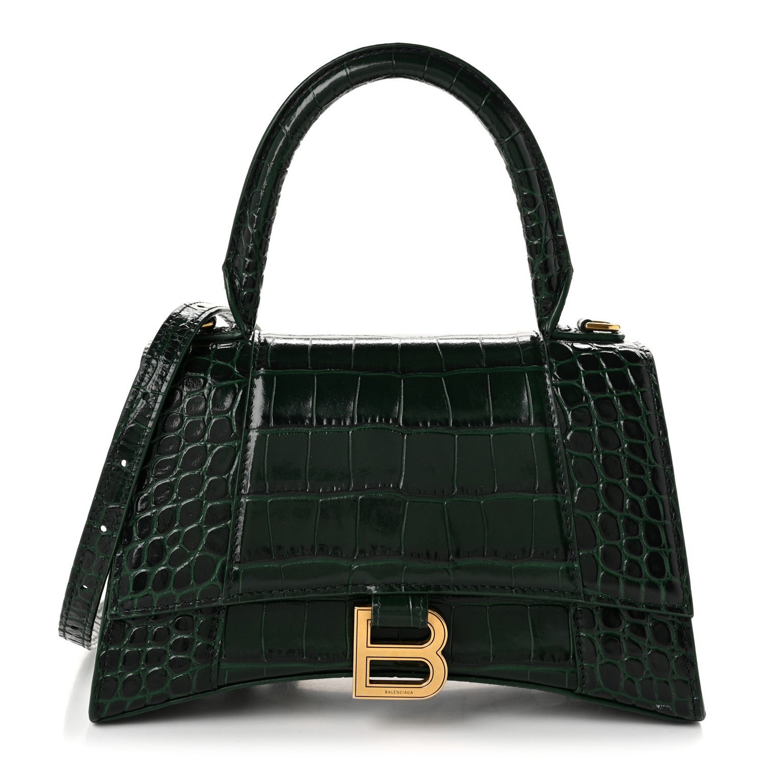 Balenciaga Shiny Calfskin Crocodile Embossed Small Hourglass Top Handle Bag Forest Green