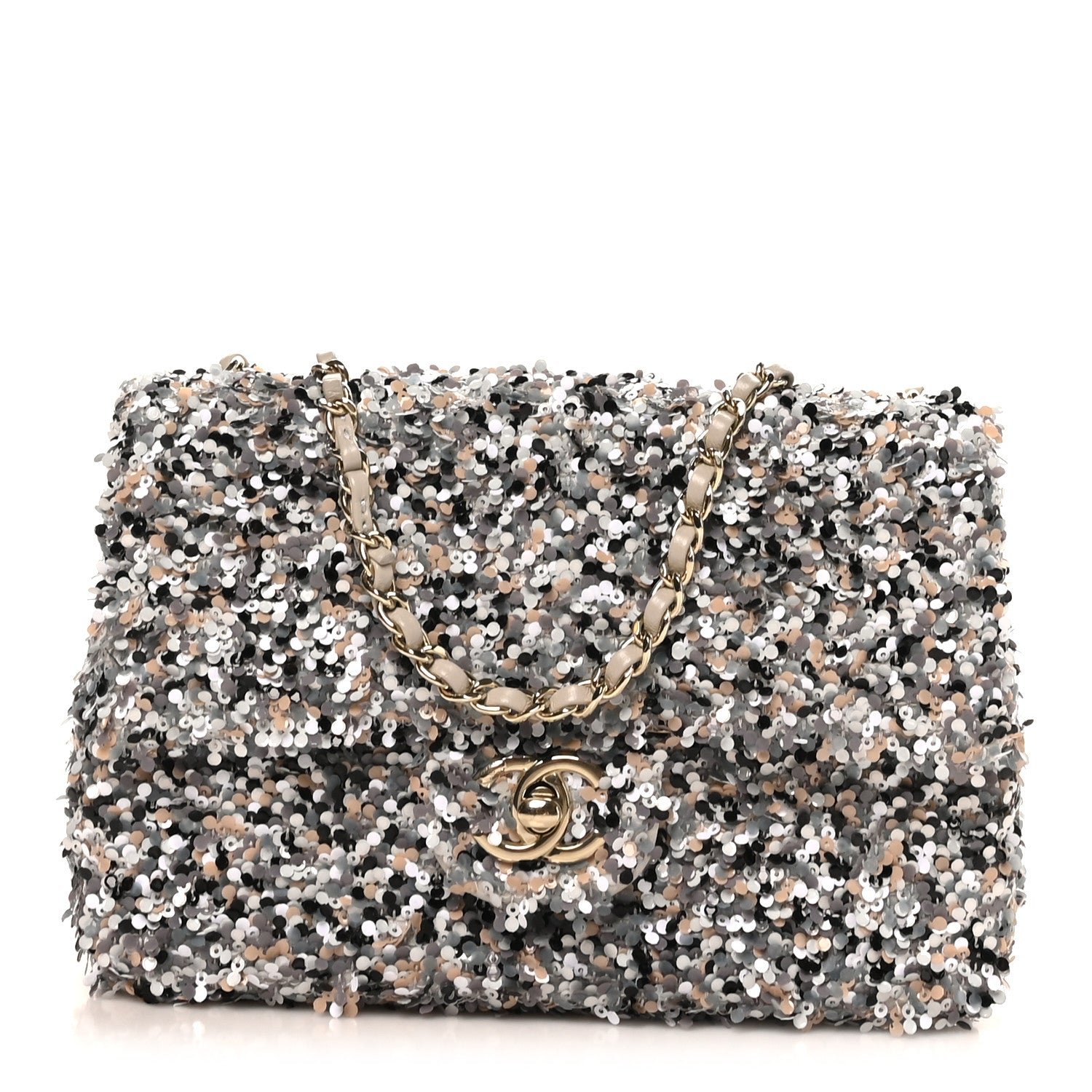Chanel Sequin Quilted Small Single Flap Grey Black White Pearly White