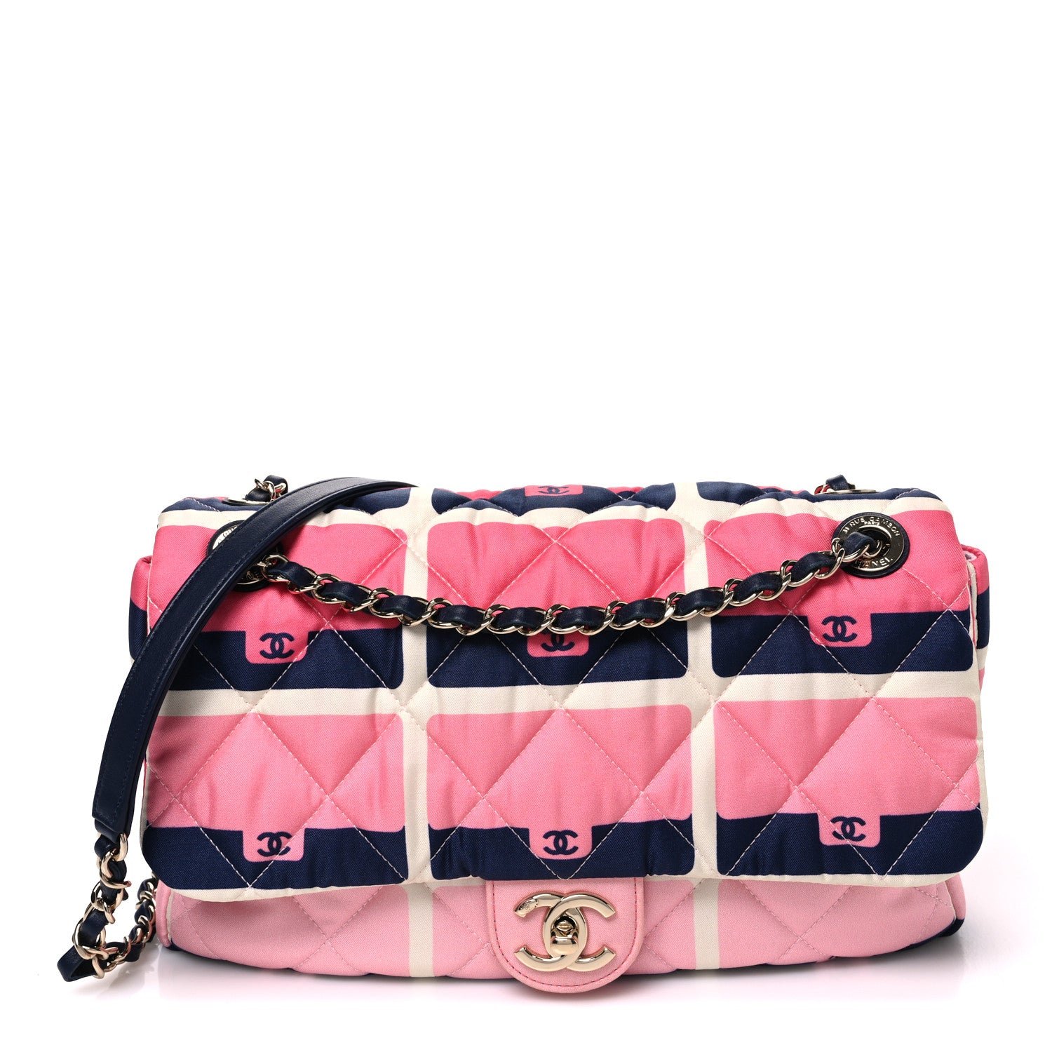 Chanel Nylon Printed Medium Flap Pink Navy White