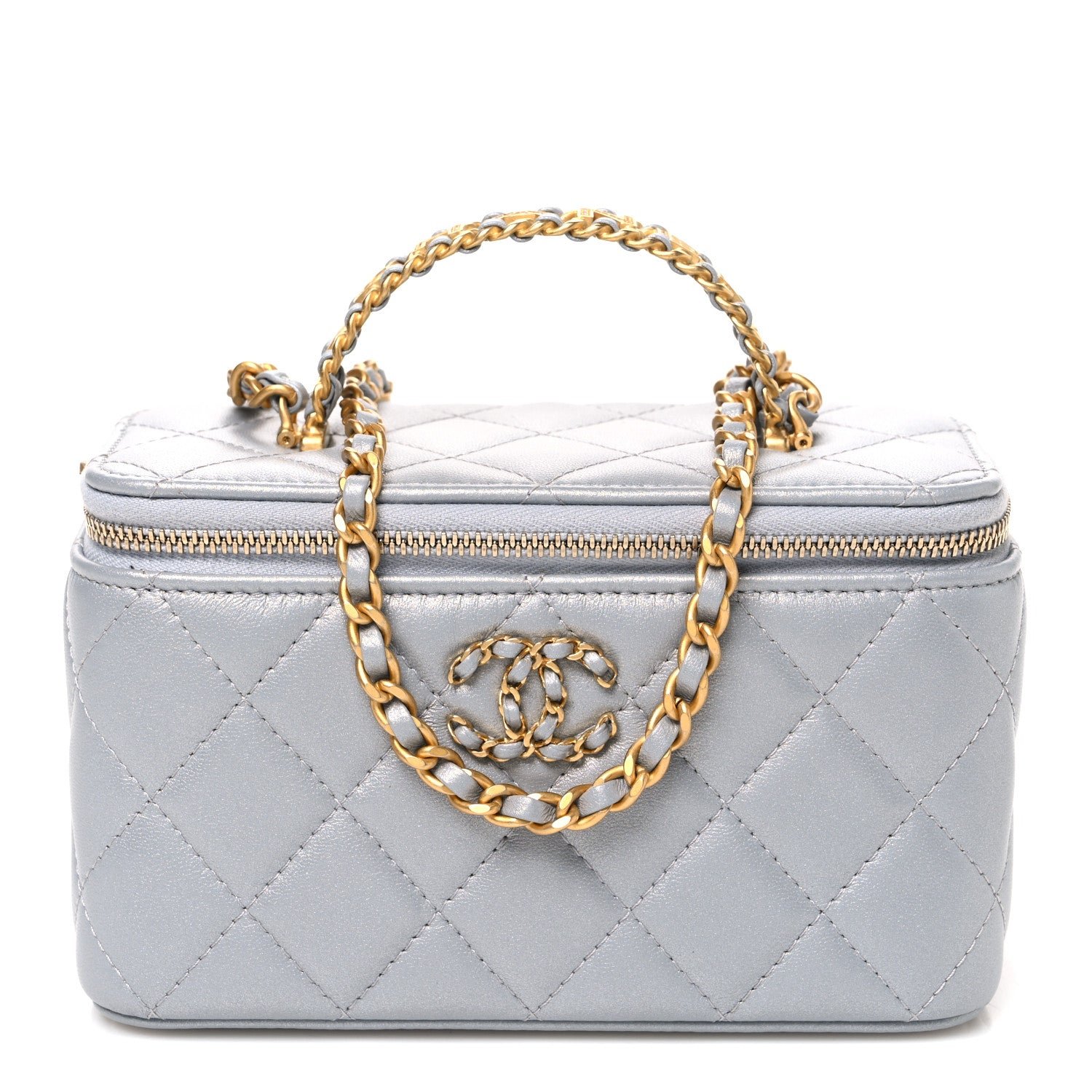 Chanel Iridescent Lambskin Quilted Pick Me Up Vanity Case Light Grey