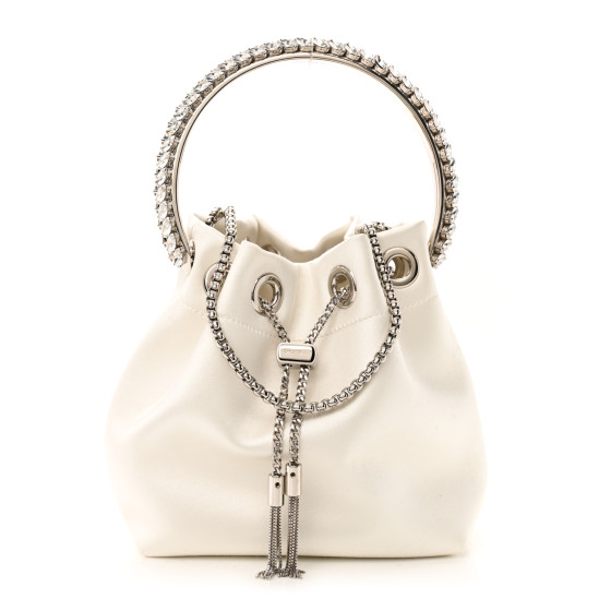Jimmy Choo Satin Crystal Embellished Top Handle Bon Bon Bag Ivory