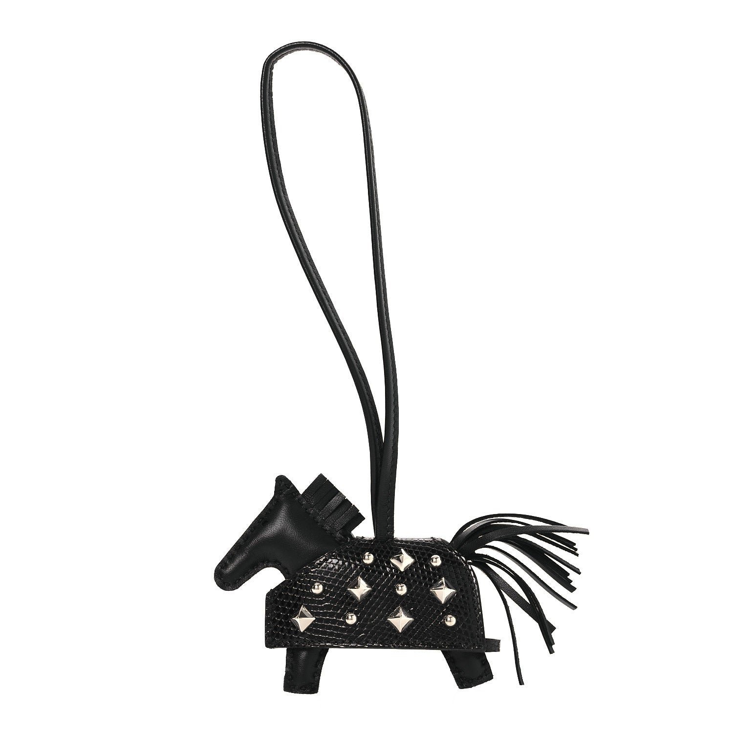 Hermes Milo Lambskin Niloticus Lizard Touch Studded Grigri Rodeo Robeo Rock Horse Bag Charm PM Black