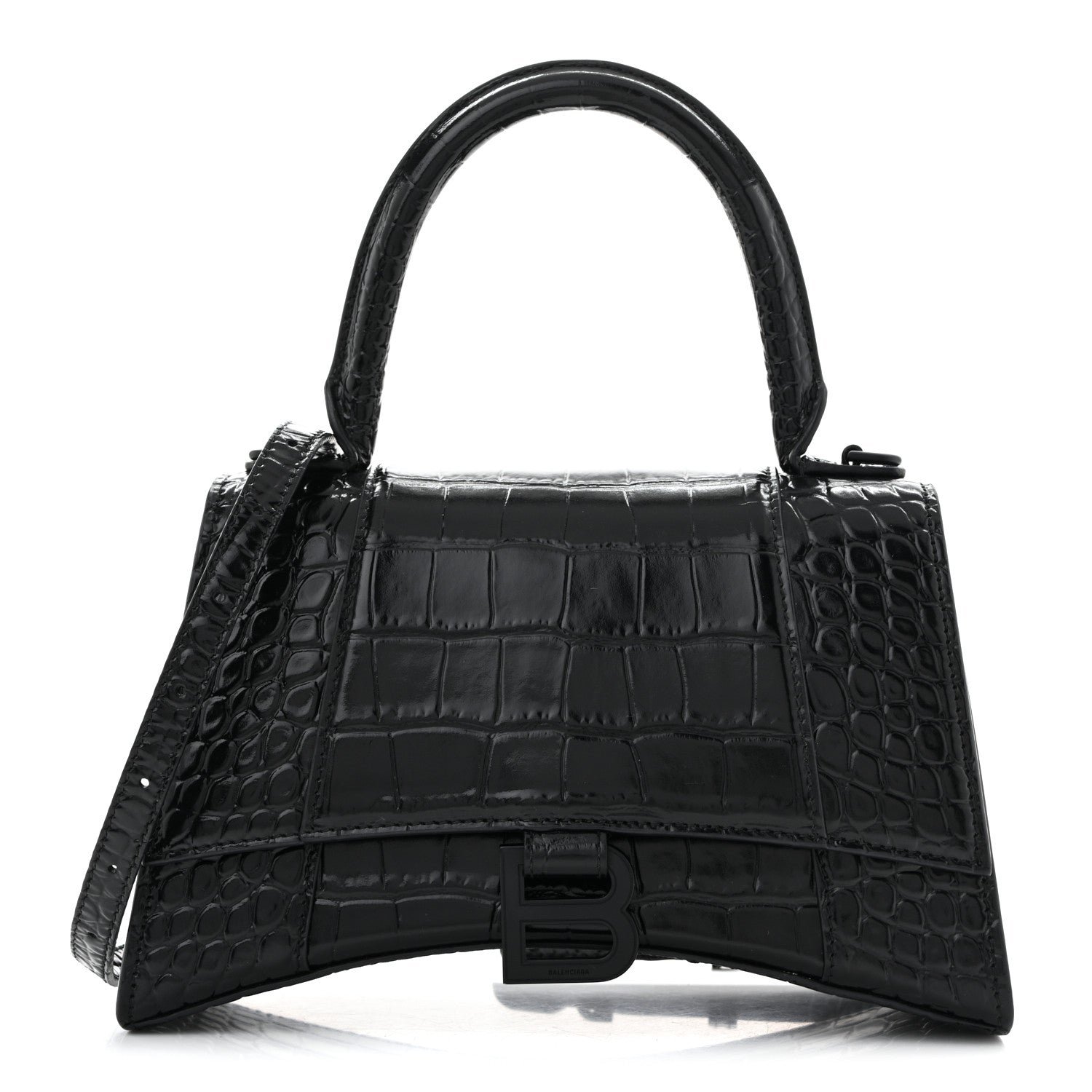Balenciaga Balenciaga Shiny Calfskin Monochrome Crocodile Embossed Small Hourglass Top Handle Bag Black