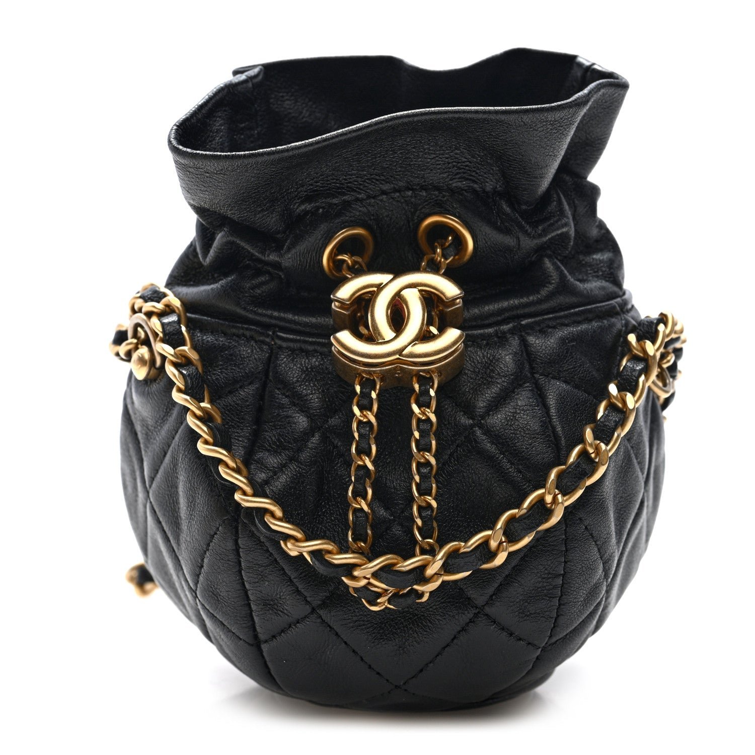 Chanel Shiny Lambskin Quilted Mini Drawstring CC Bucket Bag Black