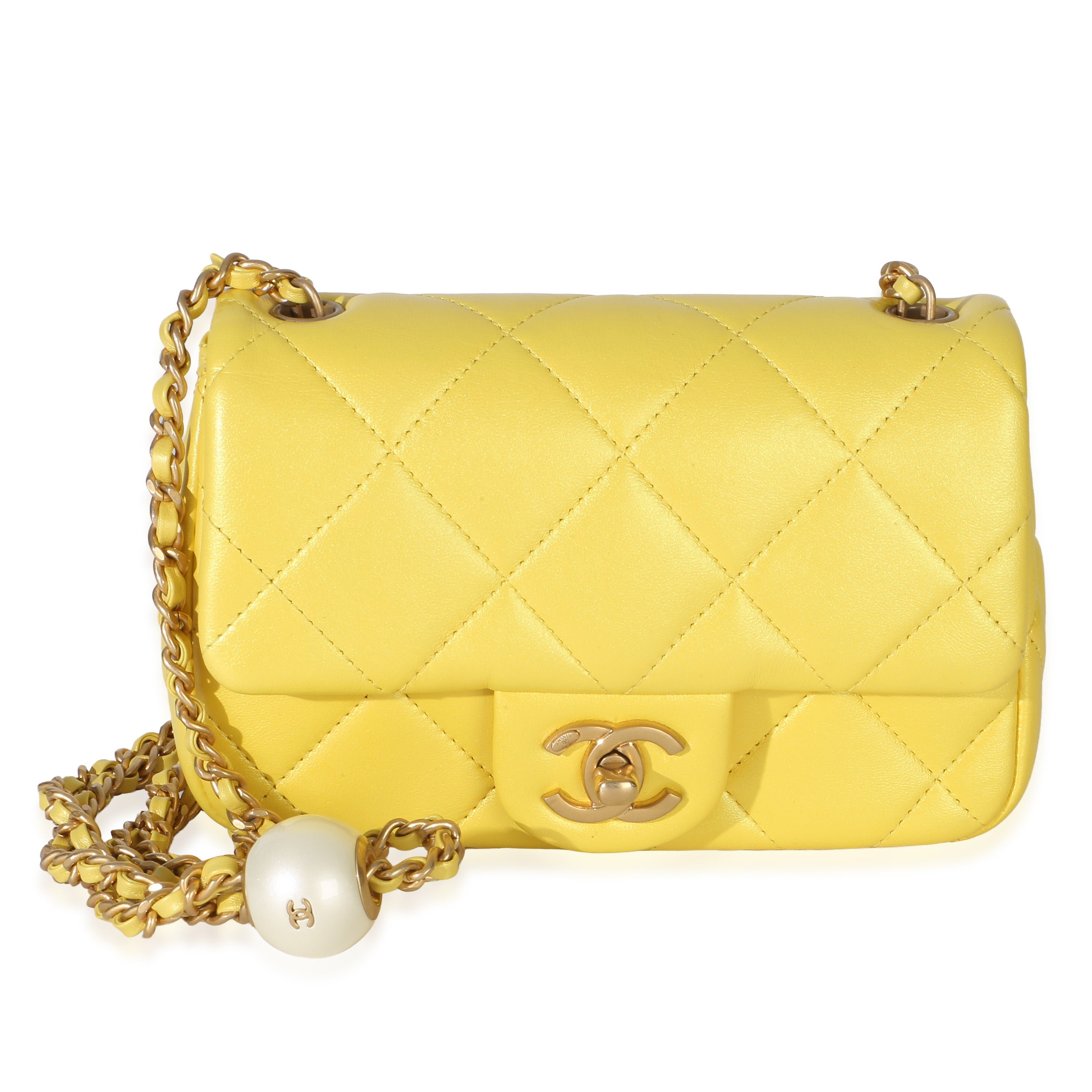 Yellow Iridescent Quilted Lambskin Pearl Chain Mini Rectangular Flap Bag