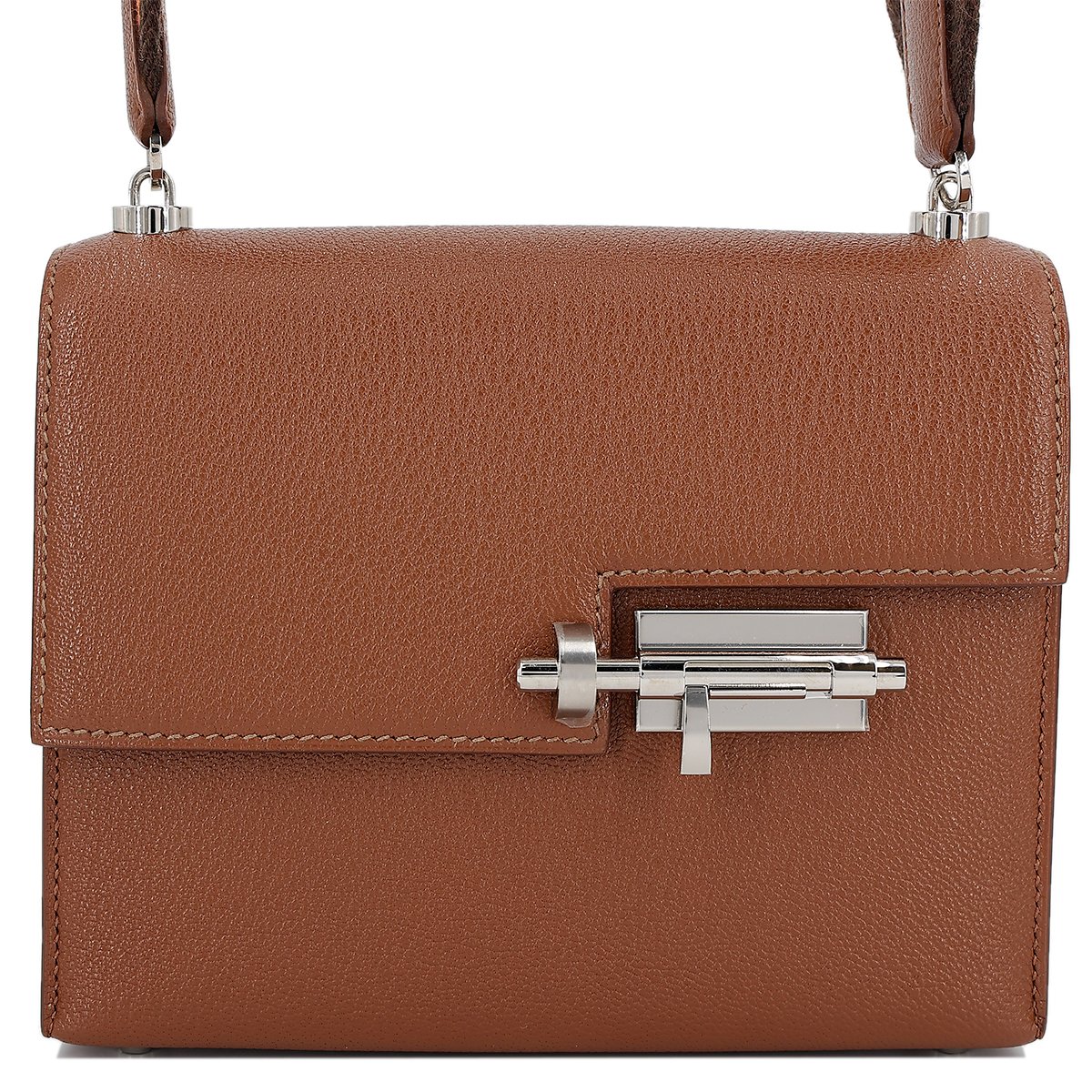 Excellent ( Rank SA ) HERMÈS Verrou Mini shoulder bag in Noisette Chevre leather with Orange Canvas shoulder strap and Palladium hardware