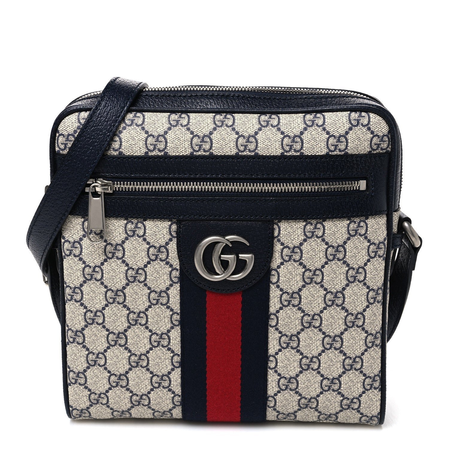 Gucci GG Supreme Monogram Textured Dollar Calfskin Web Small Ophidia Messenger Bag Beige Blue