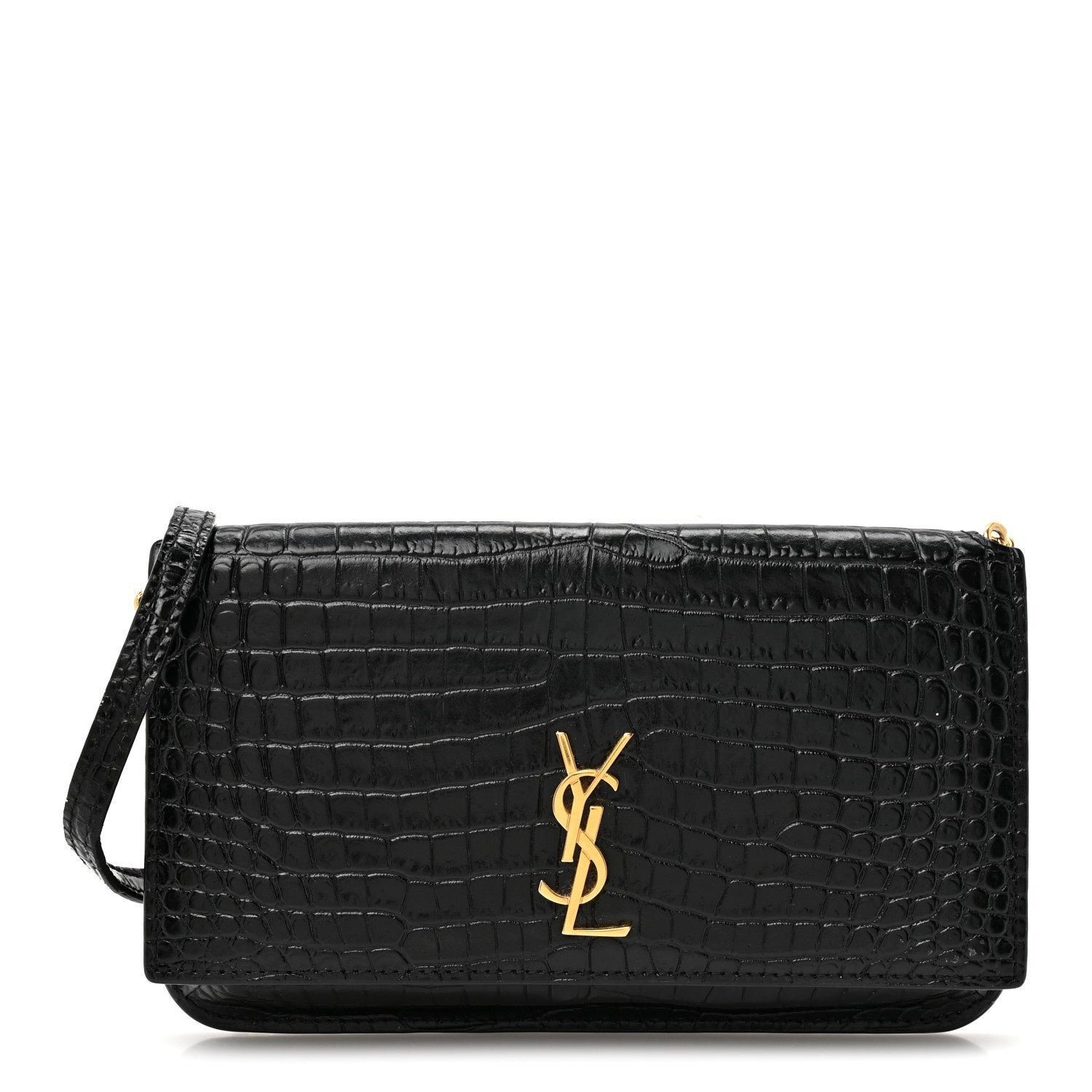 Saint Laurent Crocodile Embossed Monogram Phone Holder Crossbody Black