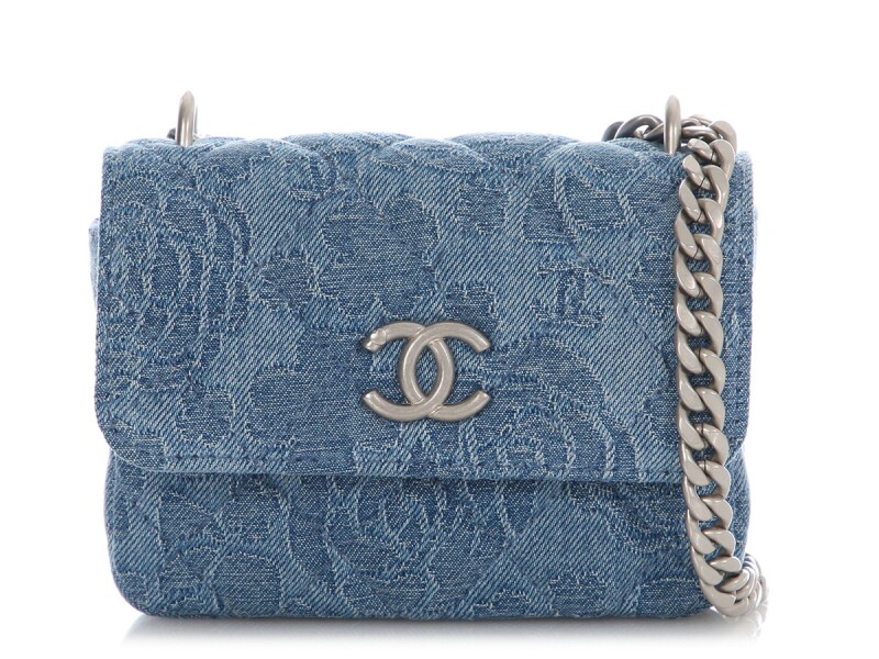 Chanel Camellia Denim Mini Sweetheart Clutch with Chain Silver Hardware, 2023