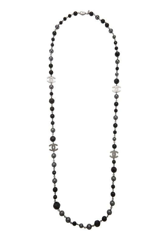 Black Faux Pearl 'CC' Long Necklace