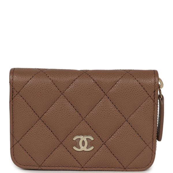 Chanel Classic Zipped Coin Purse Wallet Brown Shiny Caviar Light Gold Hardware
