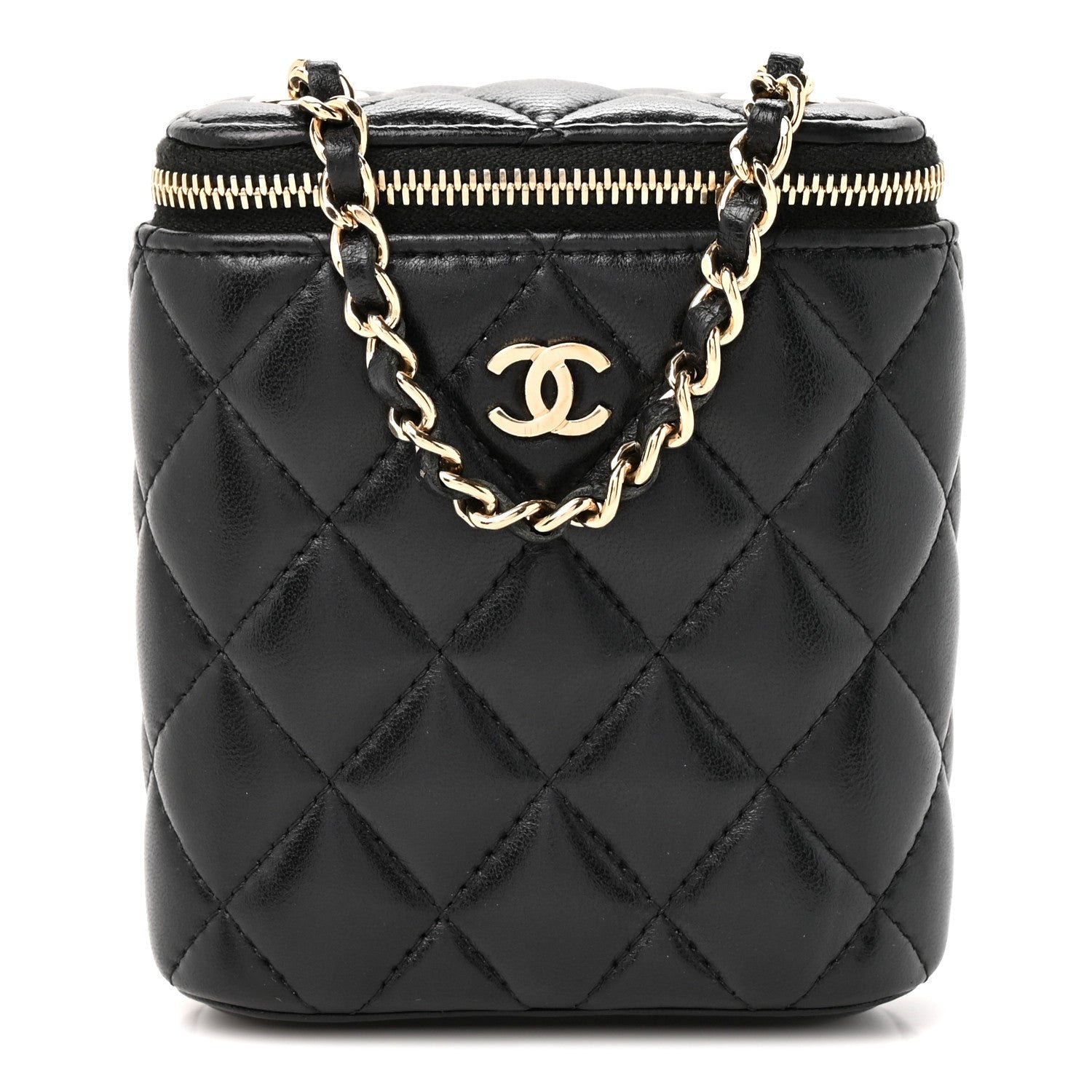 Chanel Lambskin Quilted Small Vertical Coco Beauty Vanity Case With Chain Black