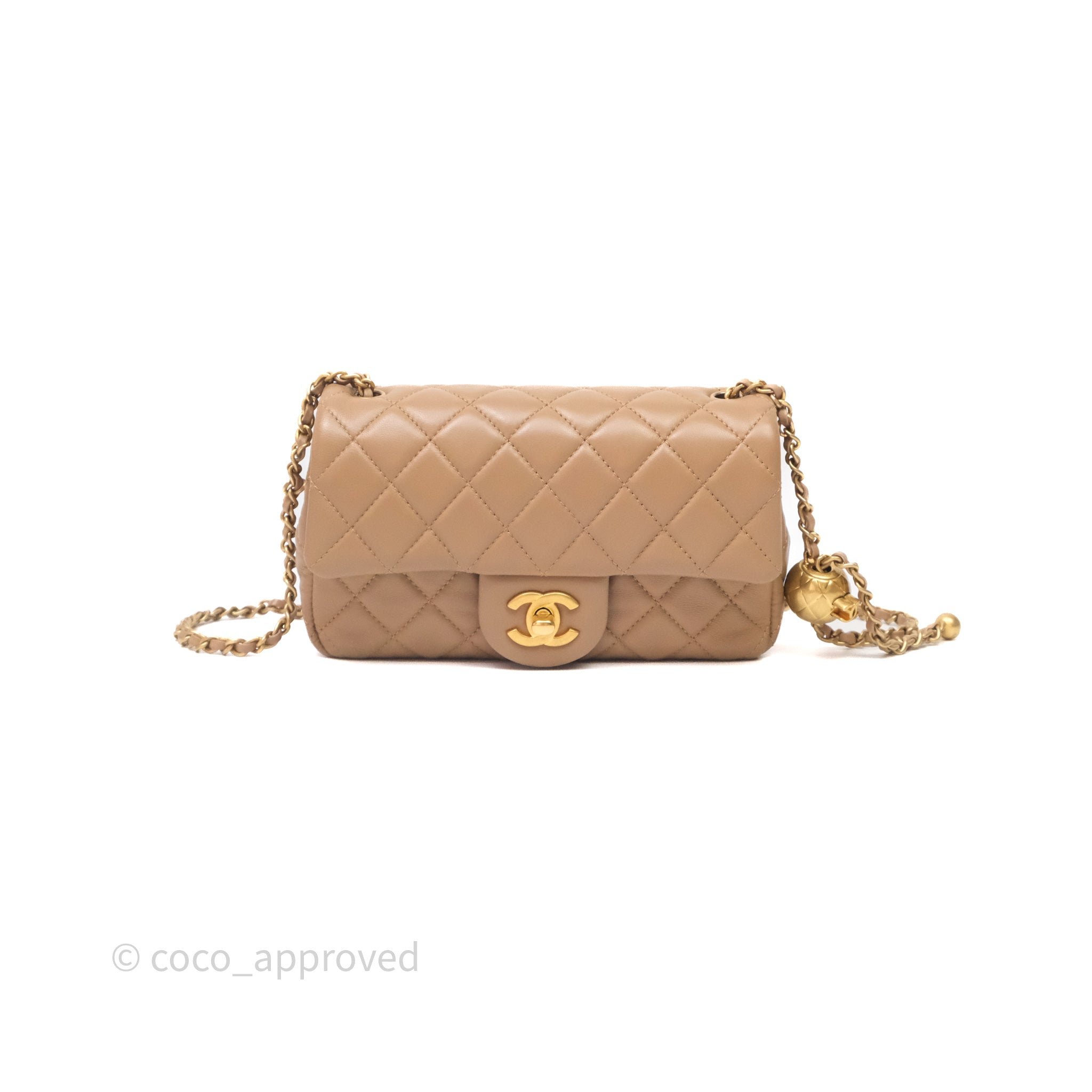 Chanel Mini Rectangular Pearl Crush Quilted Dark Beige Lambskin Aged Gold Hardware