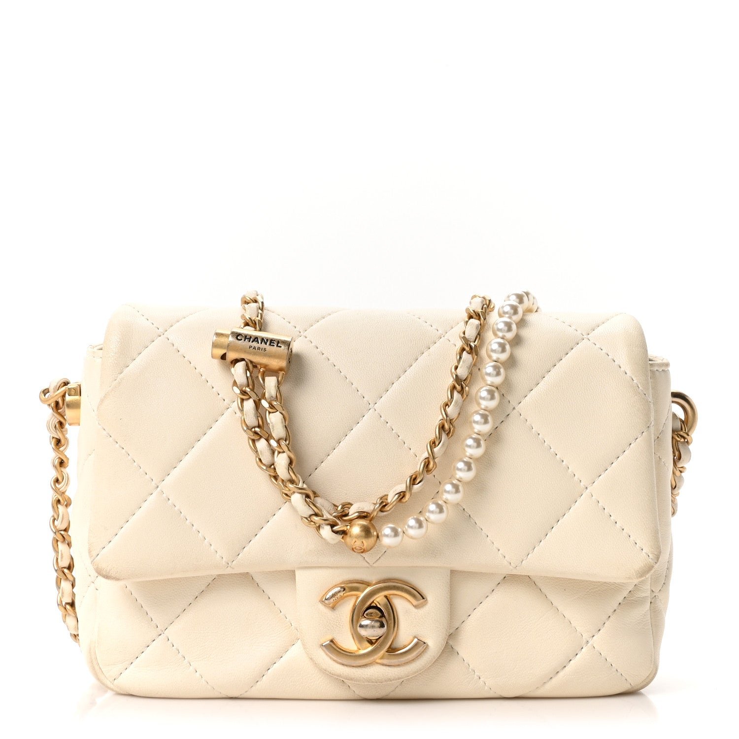 Chanel Shiny Lambskin Quilted Pearl Twist Mini Square Flap White