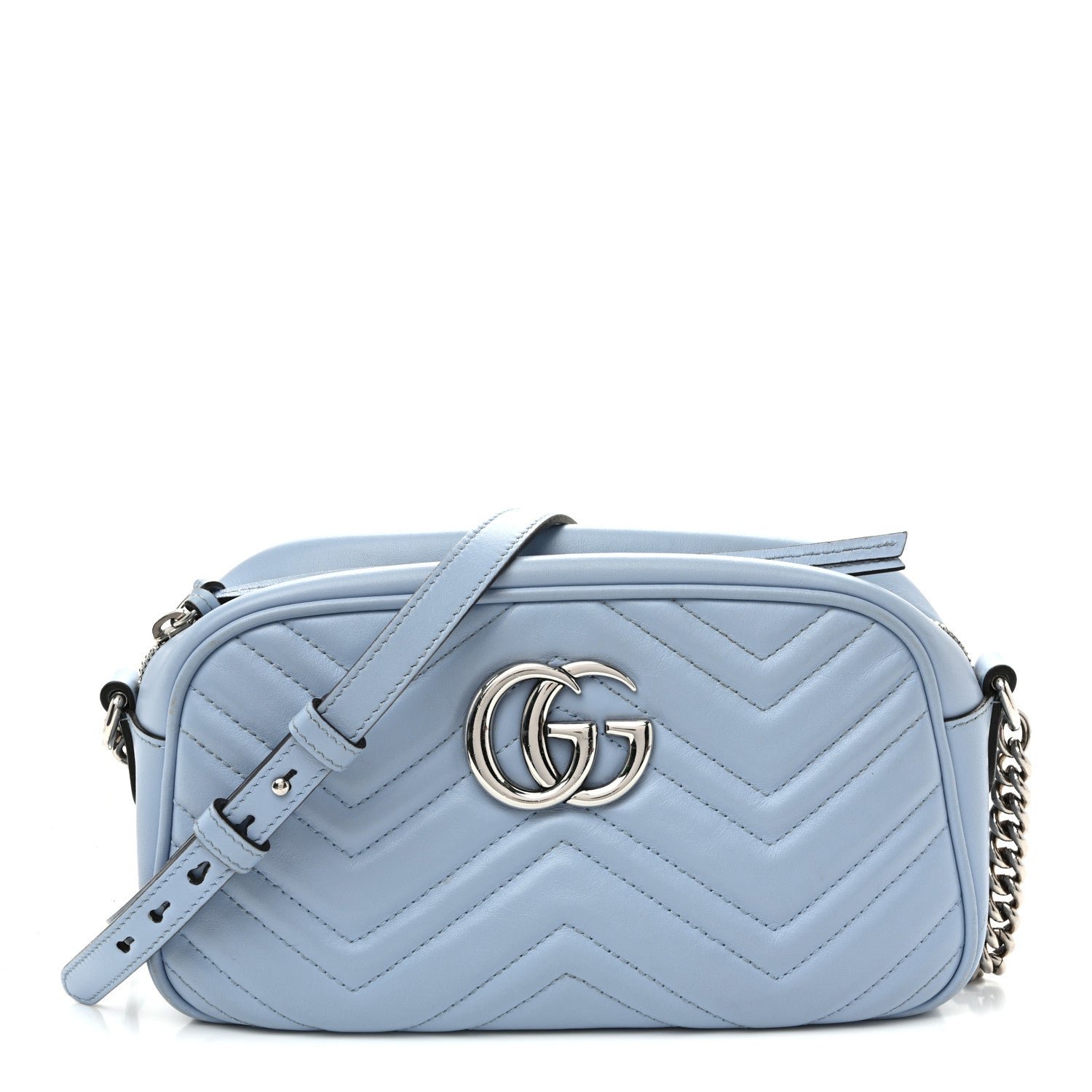 Gucci Calfskin Matelasse Small GG Marmont Chain Shoulder Bag Porcelain Light Blue