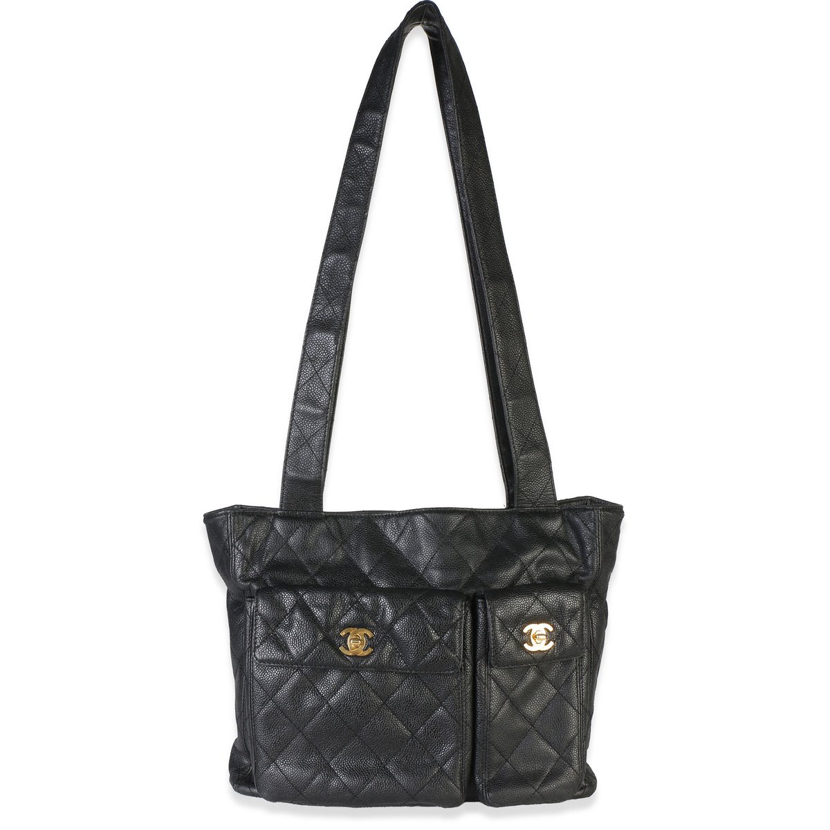 Vintage Black Quilted Caviar Double Pocket Tote