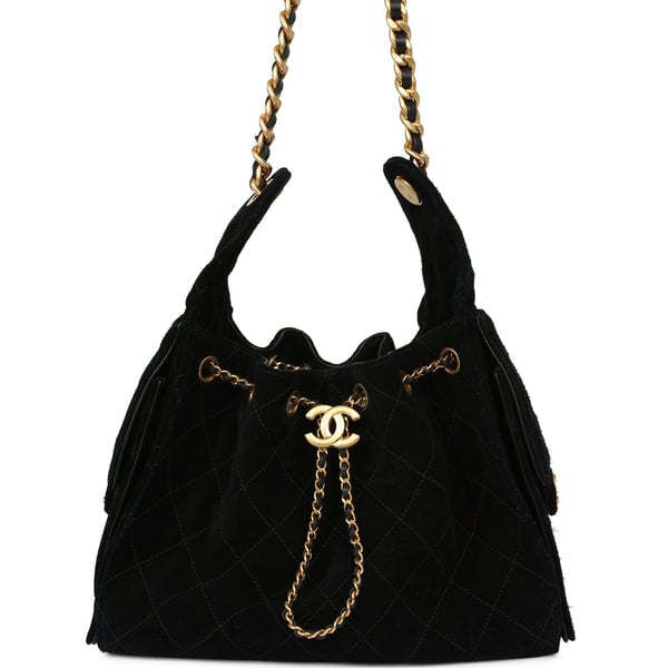 Pre-owned Chanel Small 25 Hobo Bag Black Suede Antique Gold Hardware
