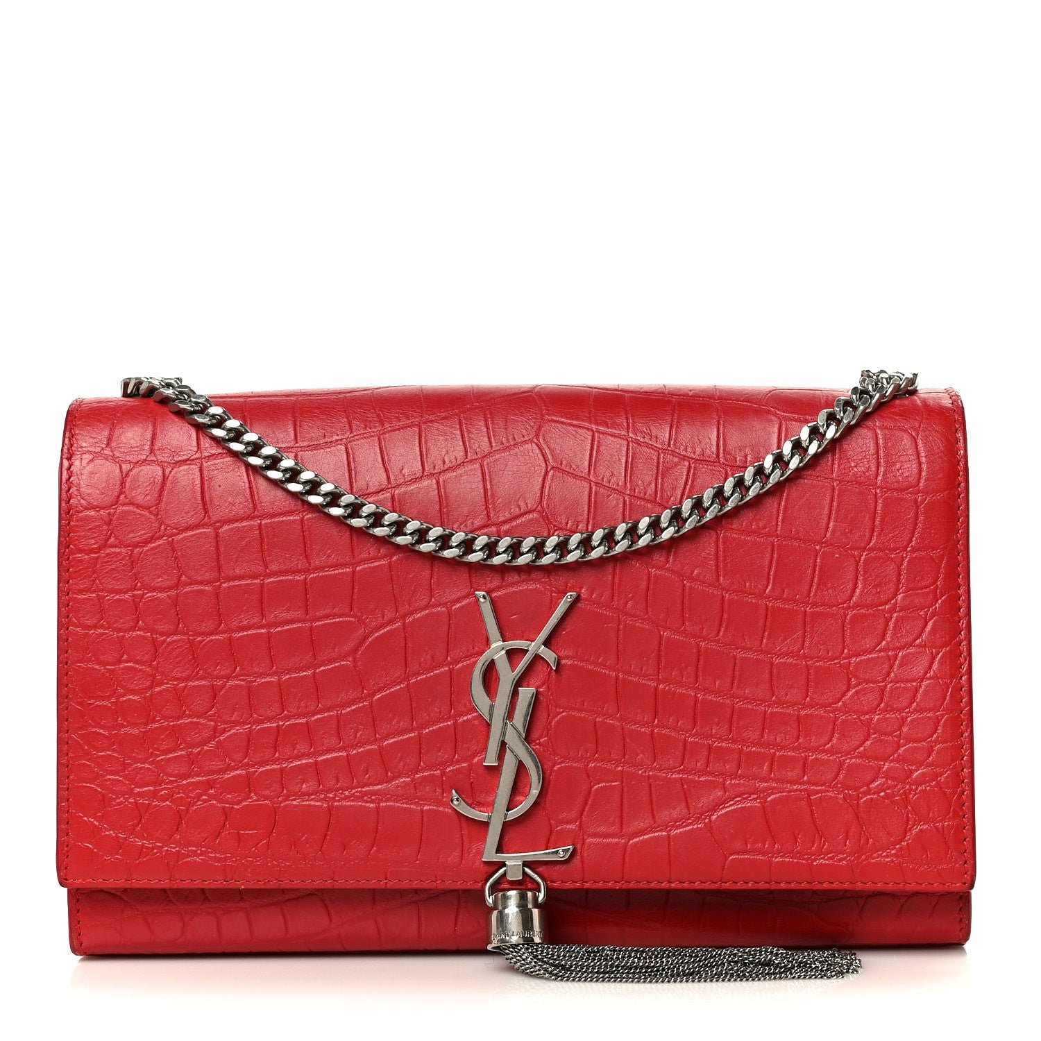 Saint Laurent Saint Laurent Calfskin Crocodile Embossed Medium Classic Monogram Kate Tassel Satchel New Red