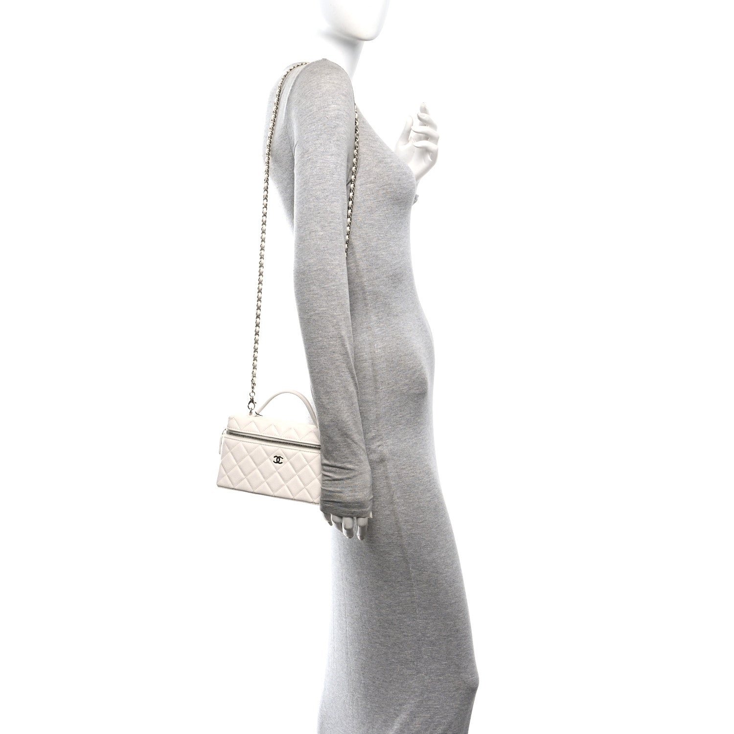 Chanel Caviar Quilted Top Handle Slim Vanity With Chain White