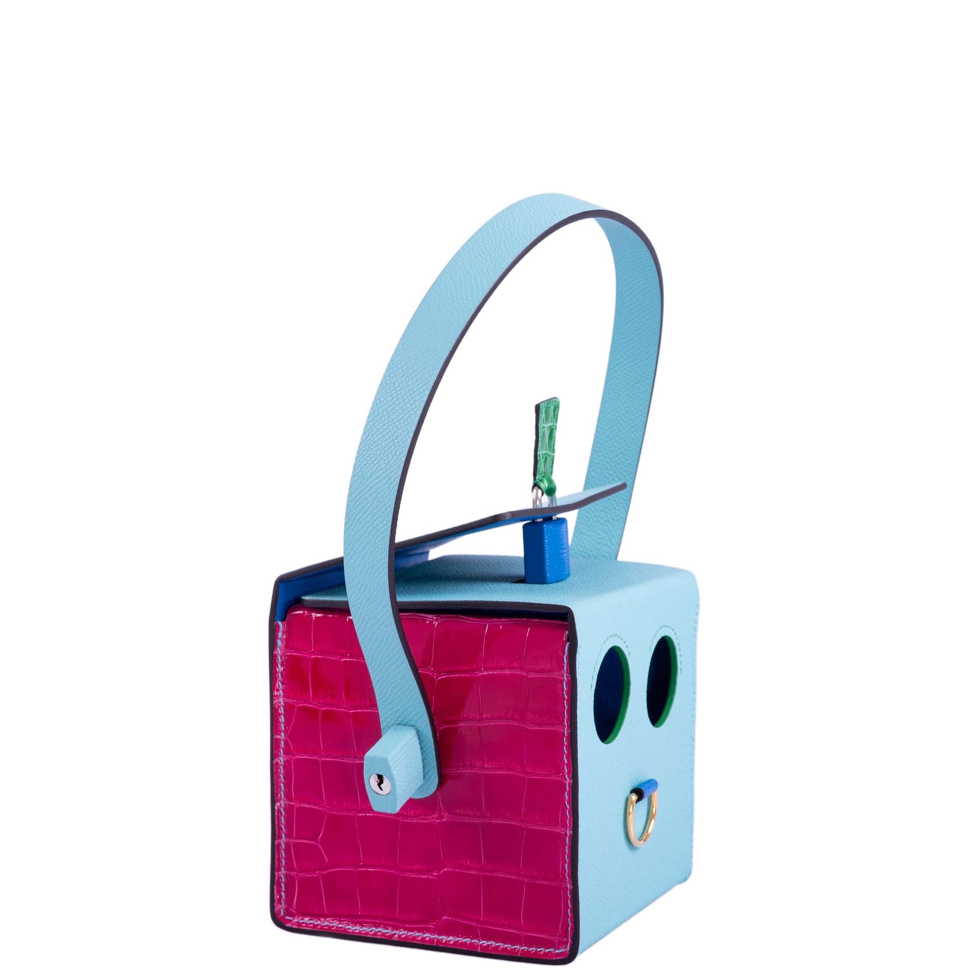 Hermes Hermès petit h Robot Buddy Bag in Turquoise Epsom with Blue Frida, Vert Émeraude Crocodile, and Fuchsia Crocodile