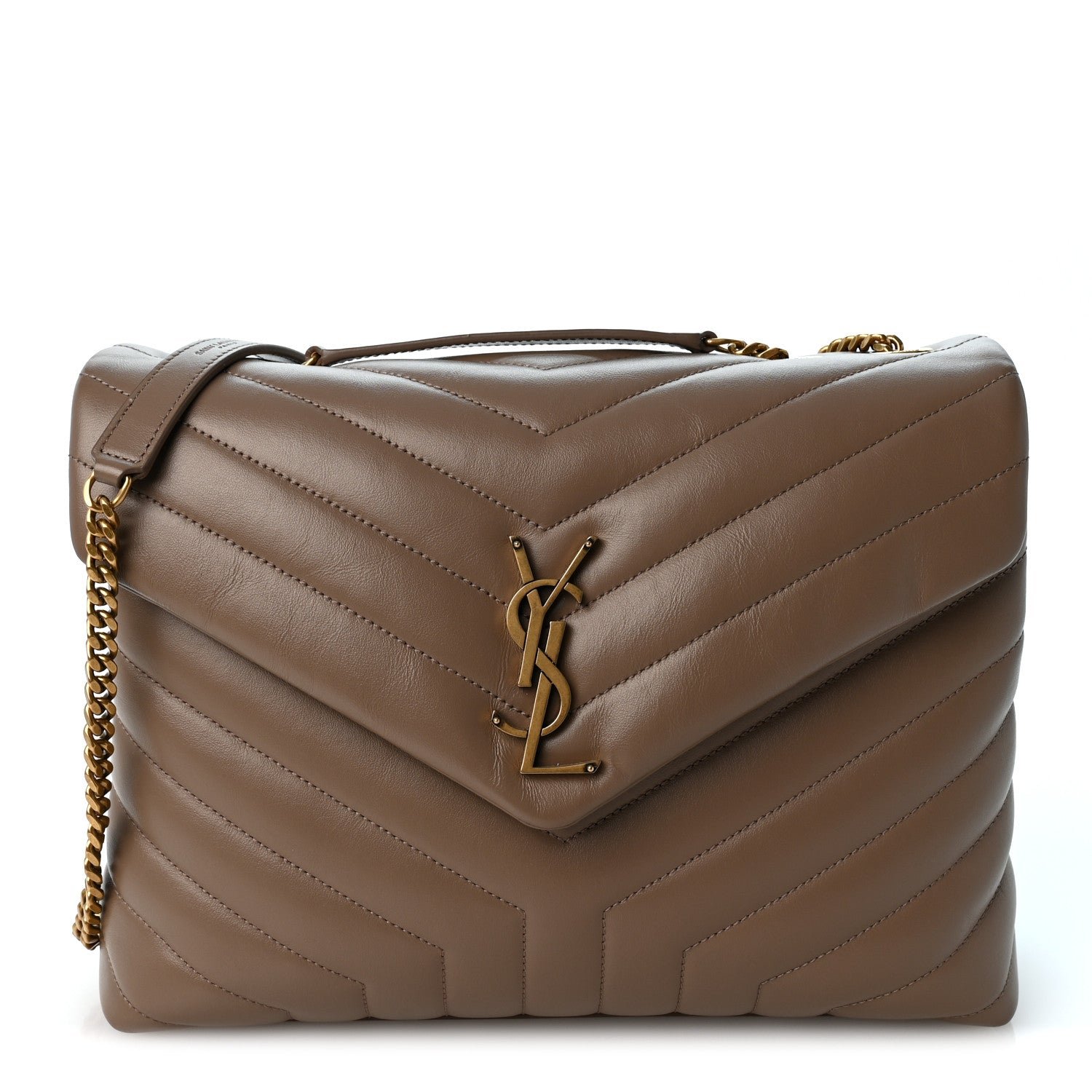 Saint Laurent Calfskin Y Quilted Monogram Medium Loulou Chain Satchel Dark Beige