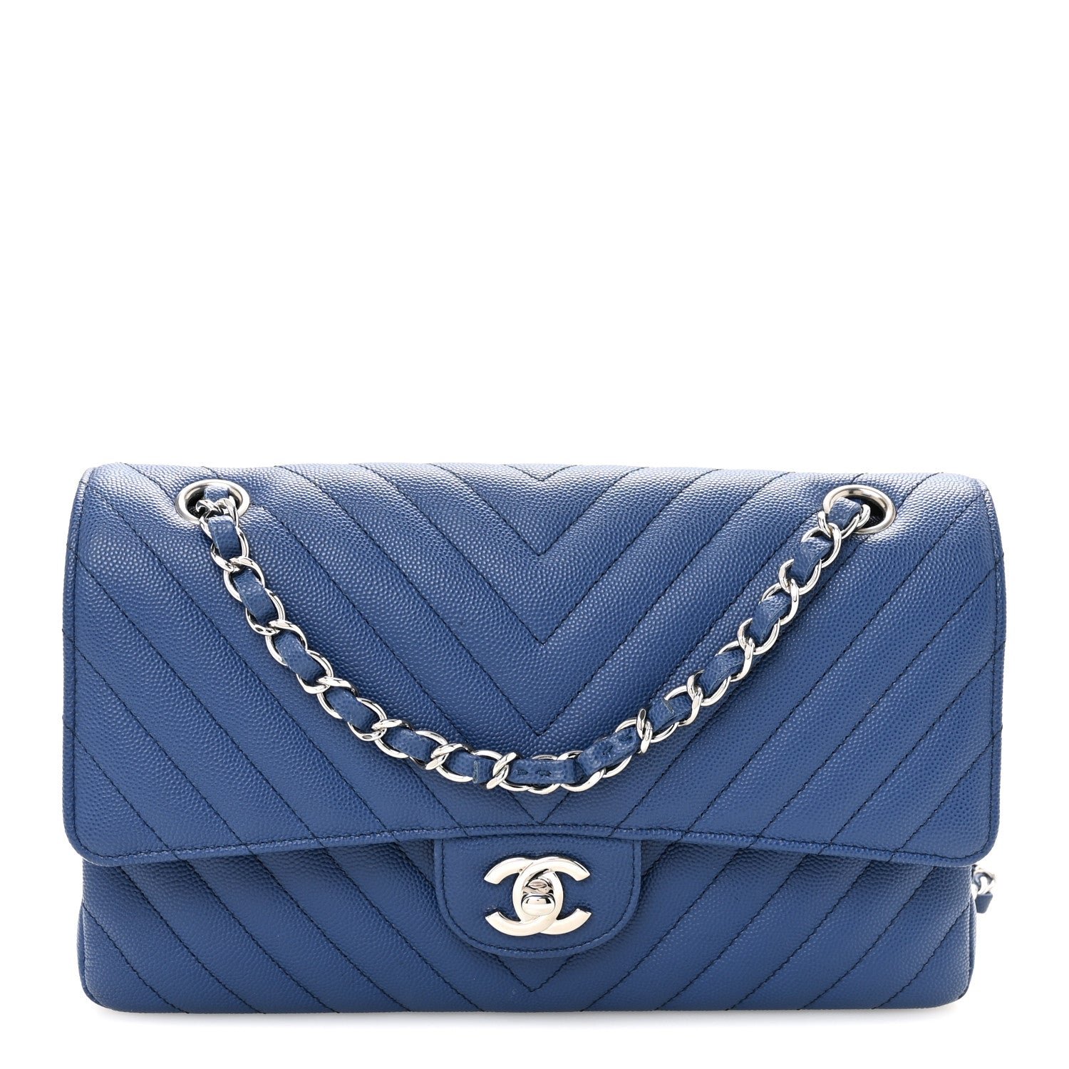 Chanel Caviar Chevron Quilted Medium Double Flap Blue