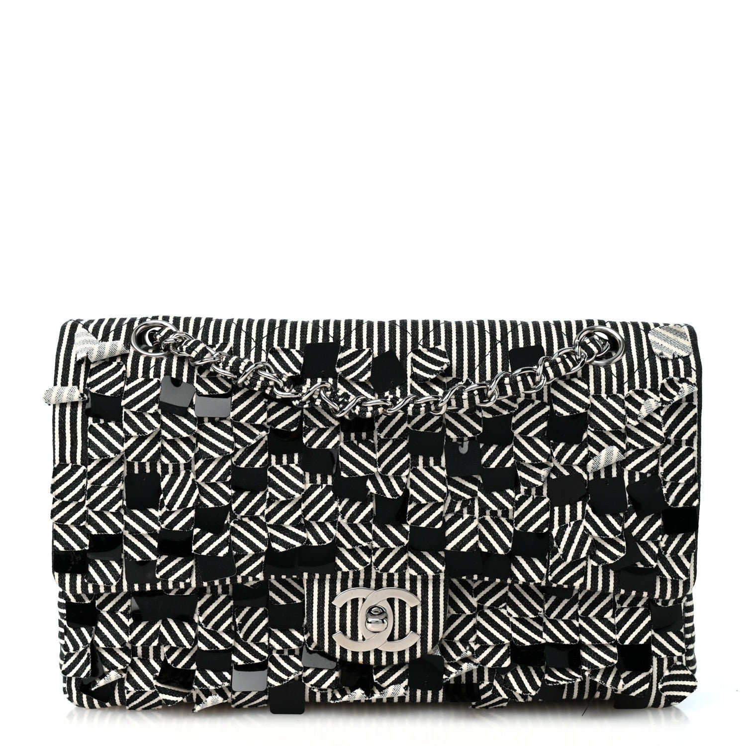 Chanel Canvas Sequin Stripe Medium Double Flap Black White