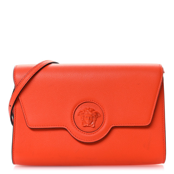 Versace Grained Calfskin La Medusa Crossbody Bag Orange