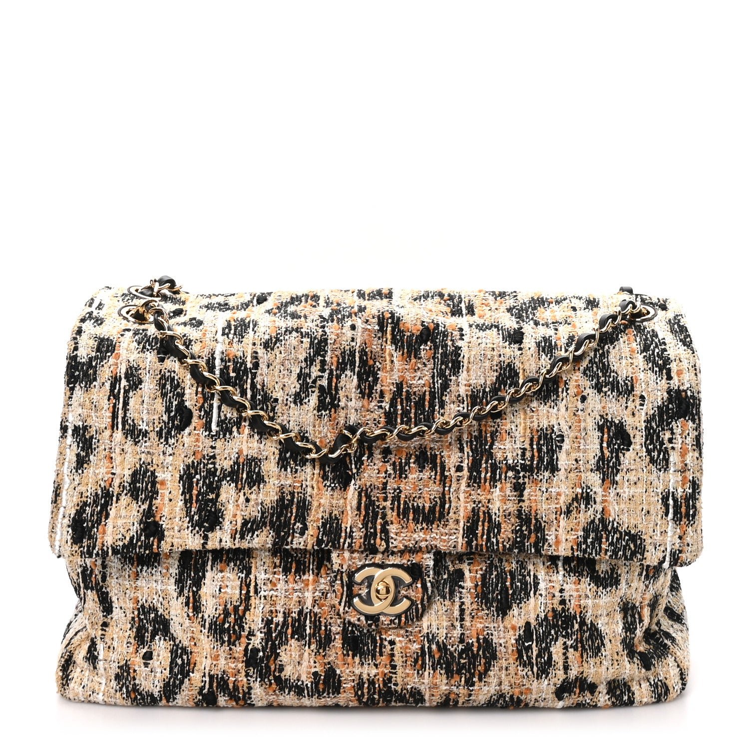 Chanel Tweed Mixed Fibers Leopard Print Souplissimo Maxi Flap Brown Black White