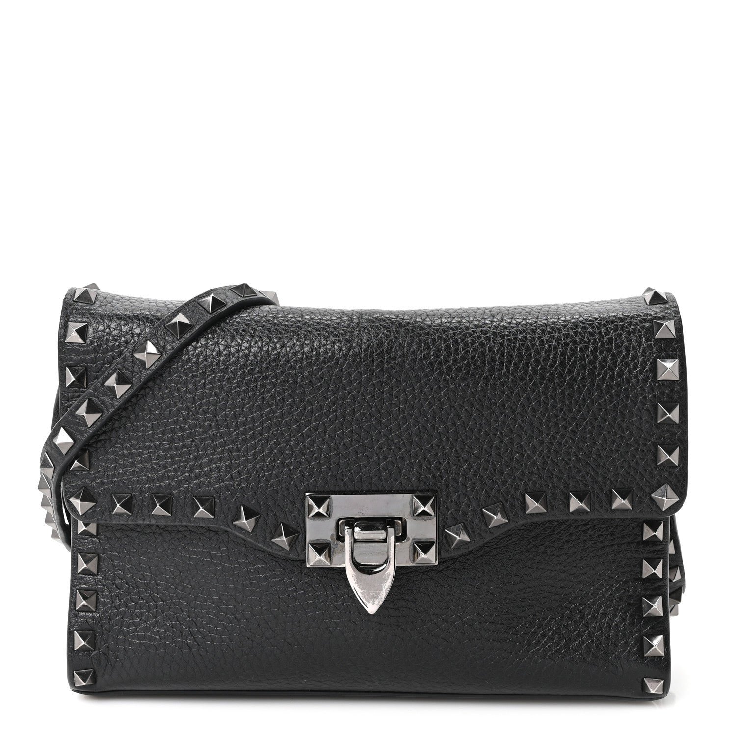 Valentino Garavani Pebbled Calfskin Monochrome Medium Rockstud Flip Lock Crossbody Bag Black