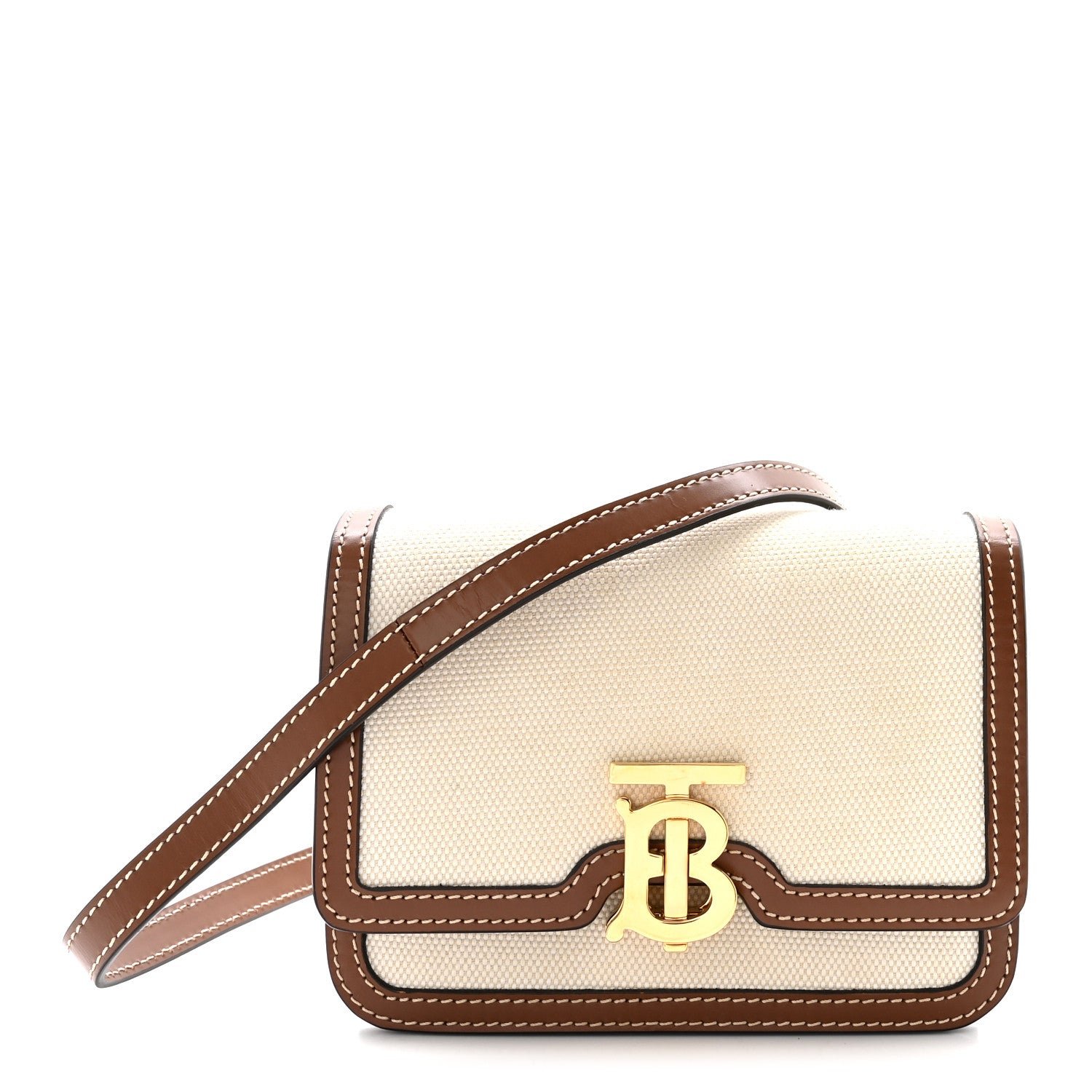 Burberry Canvas Calfskin Mini TB Bag Natural Malt Brown