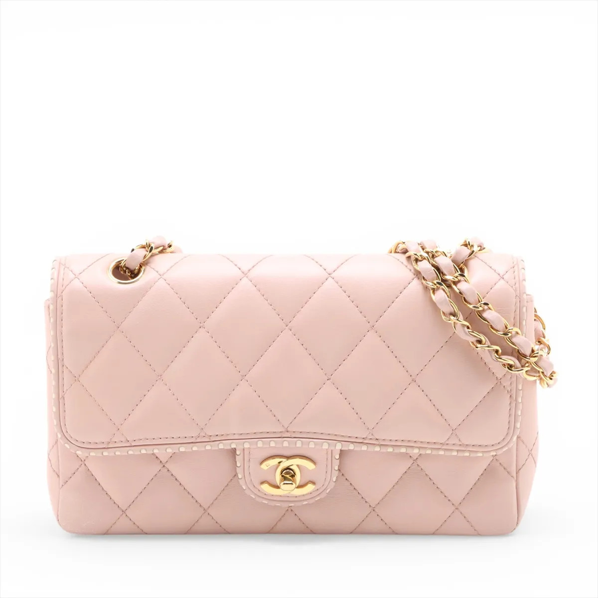 Chanel Matelasse Lambskin Single Flap Double Chain Bag Pink Gold Metal Fittings